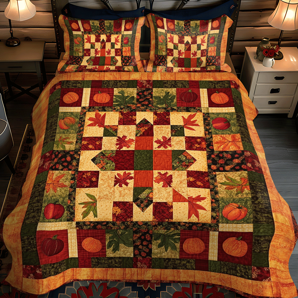 Pumpkin Patchwork Fall 3-Piece Quilted Bedding Set NCU0PD712