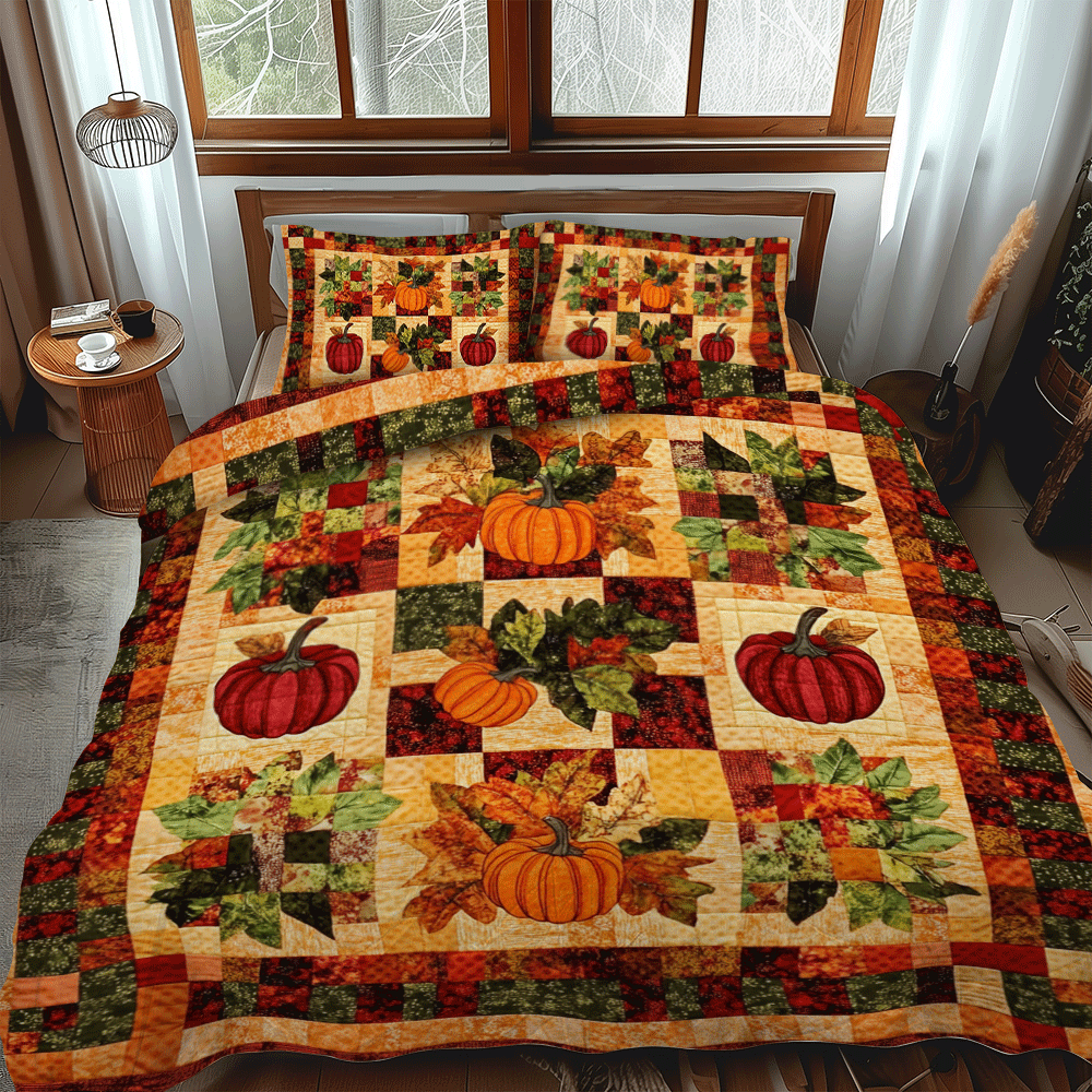 Pumpkin Patterned Thanksgiving 3-Piece Quilted Bedding Set NCU0PD713