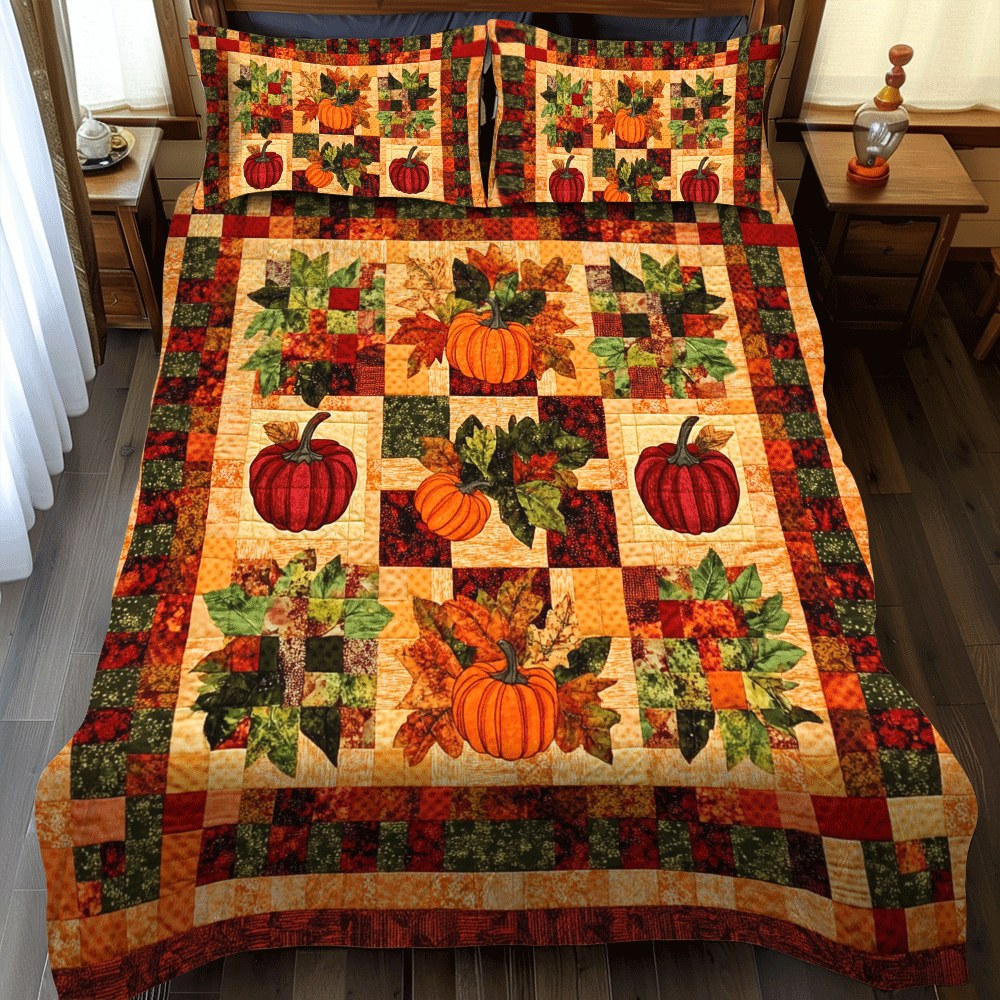 Pumpkin Patterned Thanksgiving 3-Piece Quilted Bedding Set NCU0PD713