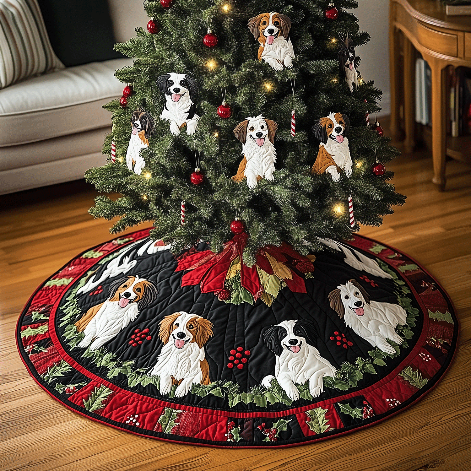 Puppy Christmas Delight Quilted Christmas Tree Skirt NCU0TH2061