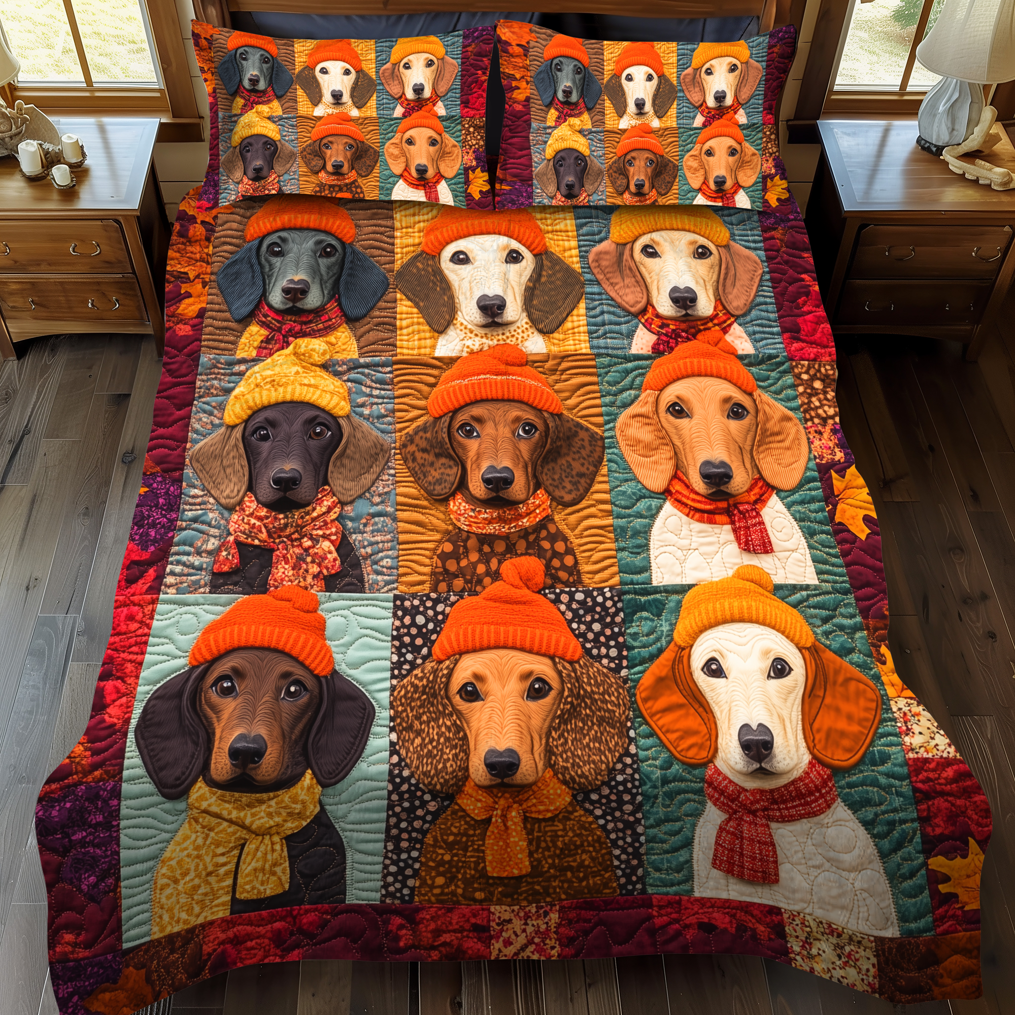 Quirky Dachshund 3-Piece Quilted Bedding Set NCU0VL444