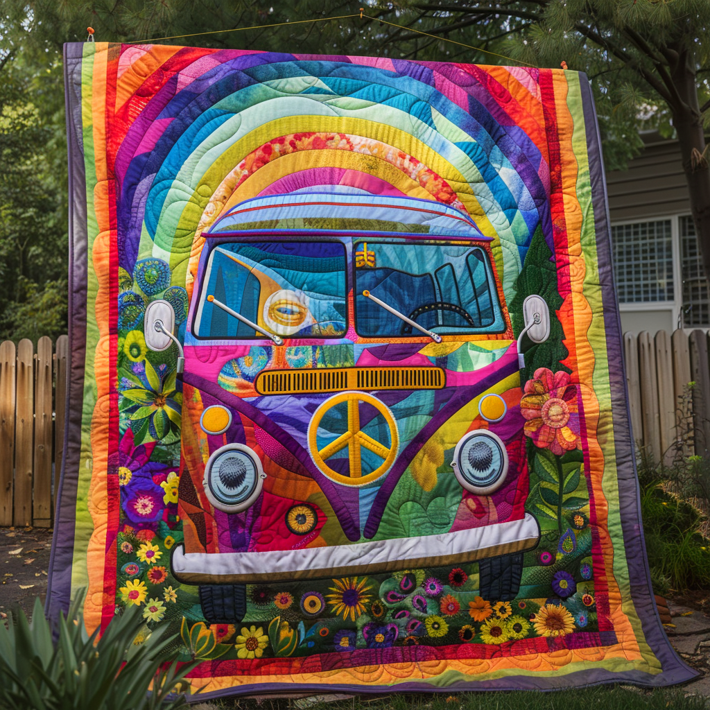 Rainbow Hippie Bus Quilted Blanket NCU0TH356