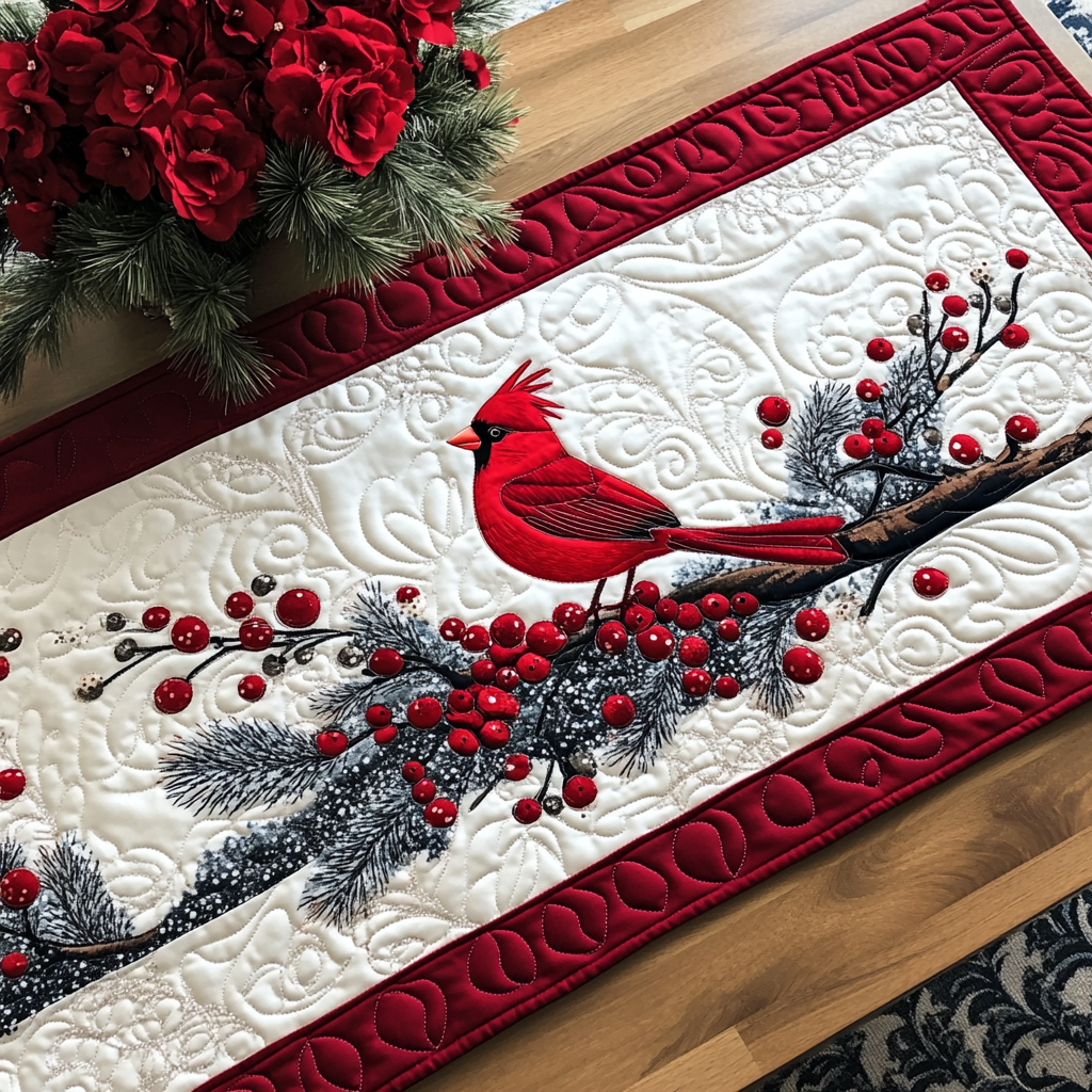 Red Feathered Winter Quilted Table Runner NCU0DK1585