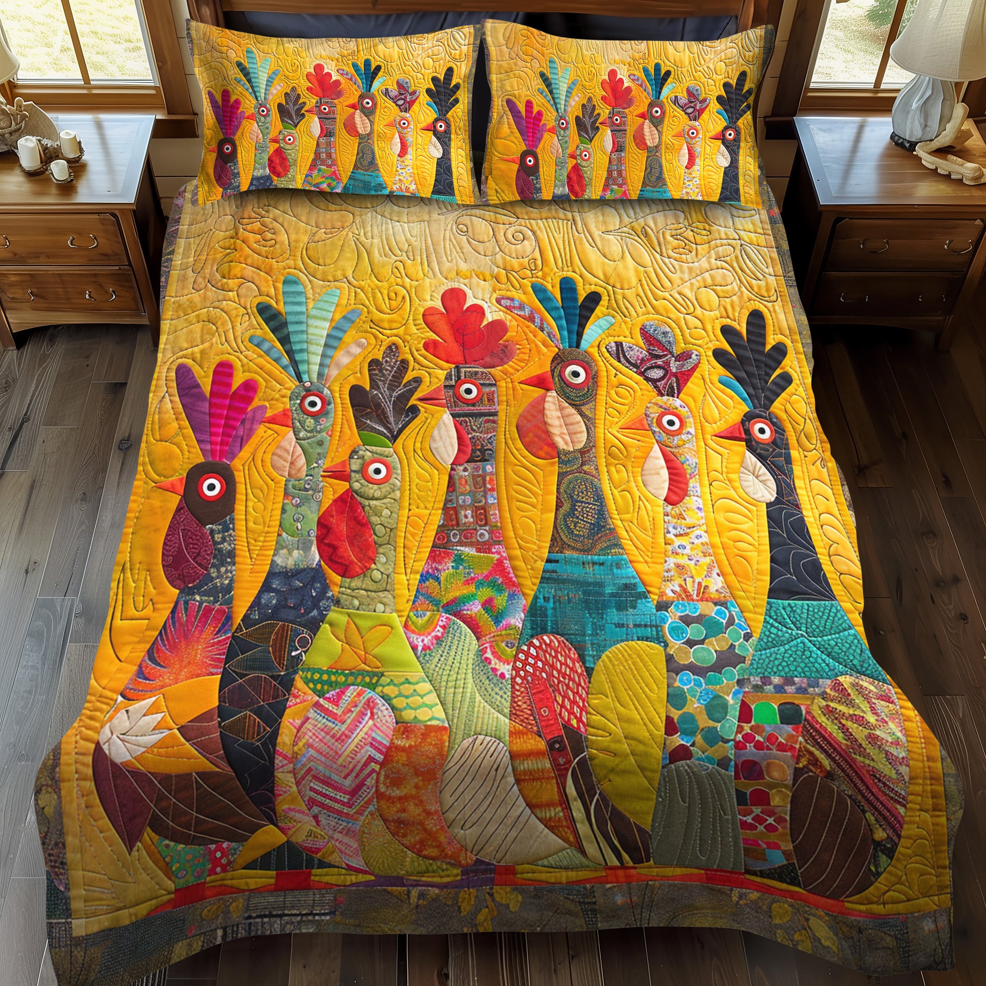 Rooster Club 3-Piece Quilted Bedding Set NCU0TH881