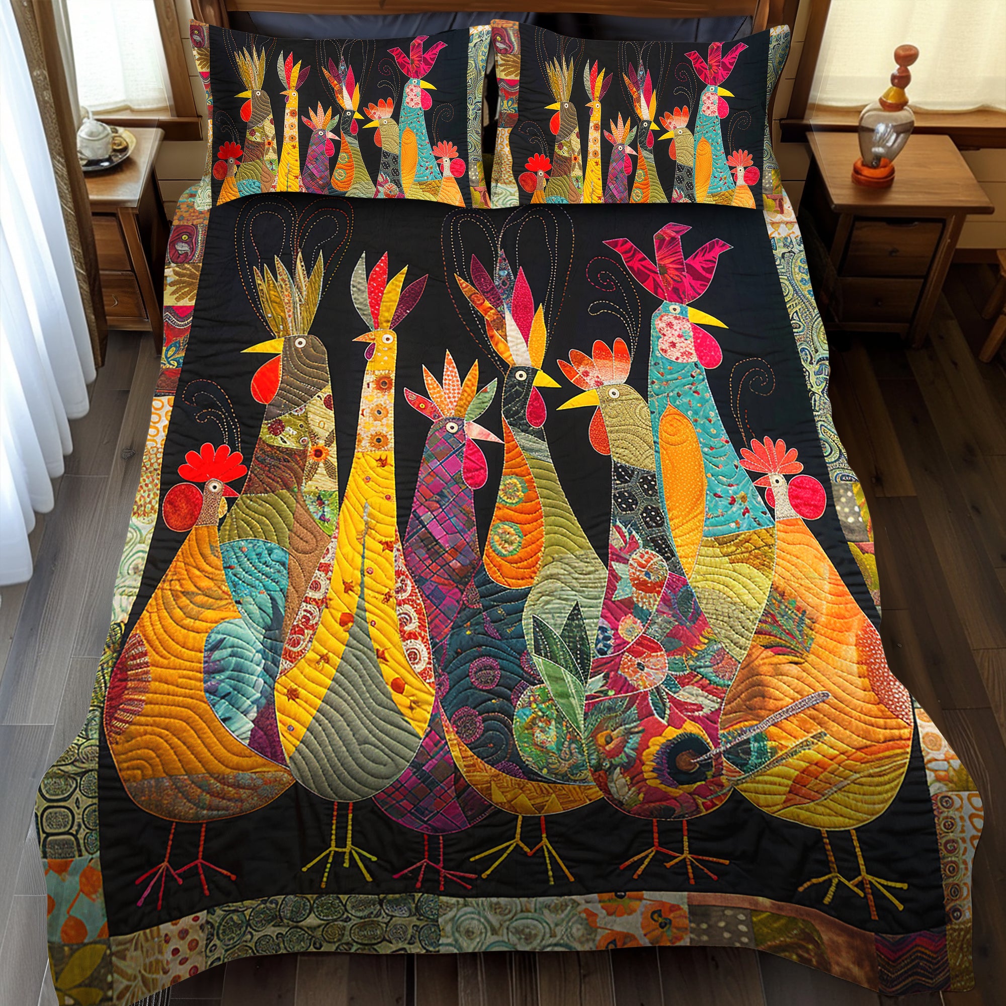 Rooster Night 3-Piece Quilted Bedding Set NCU0TH884