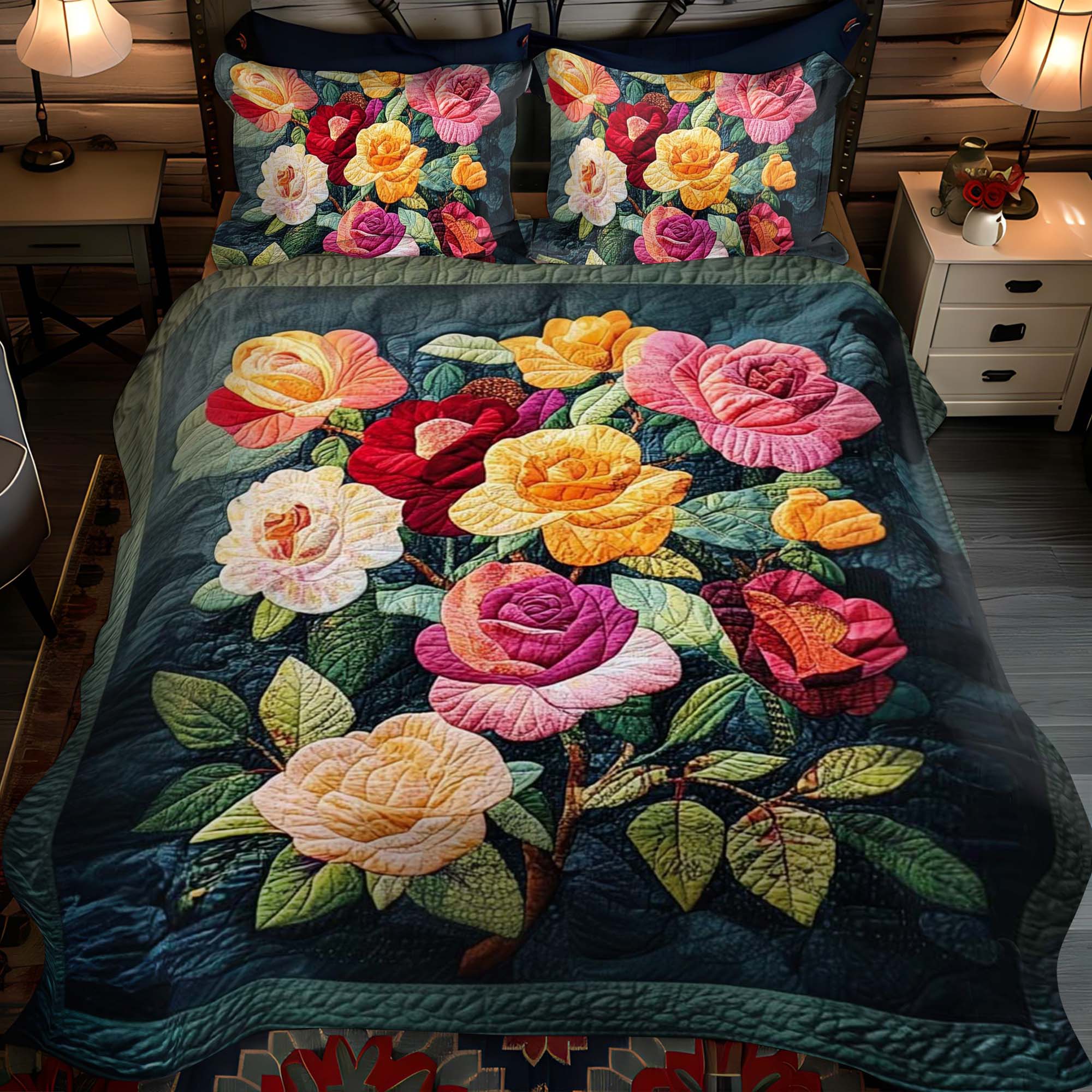 Rose Elegance 3-Piece Quilted Bedding Set NCU0NT1074