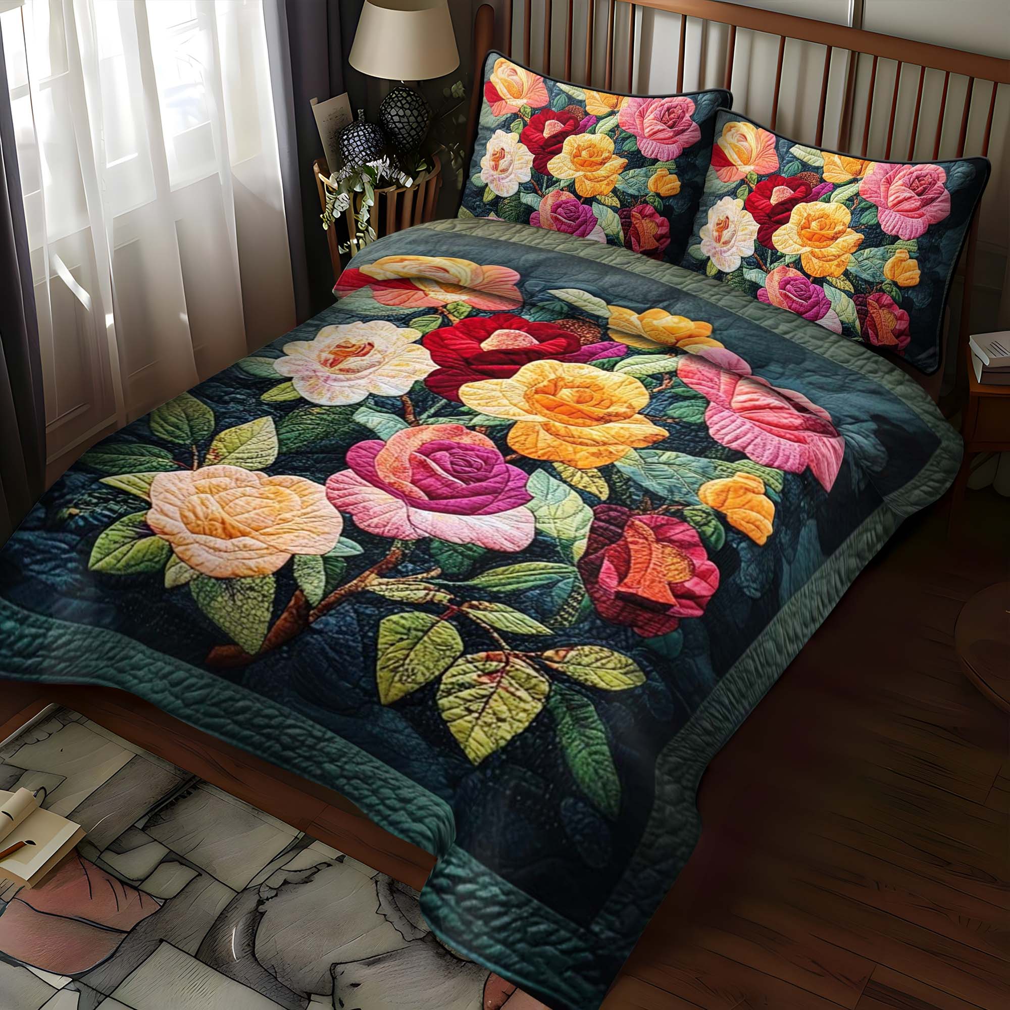 Rose Elegance 3-Piece Quilted Bedding Set NCU0NT1074