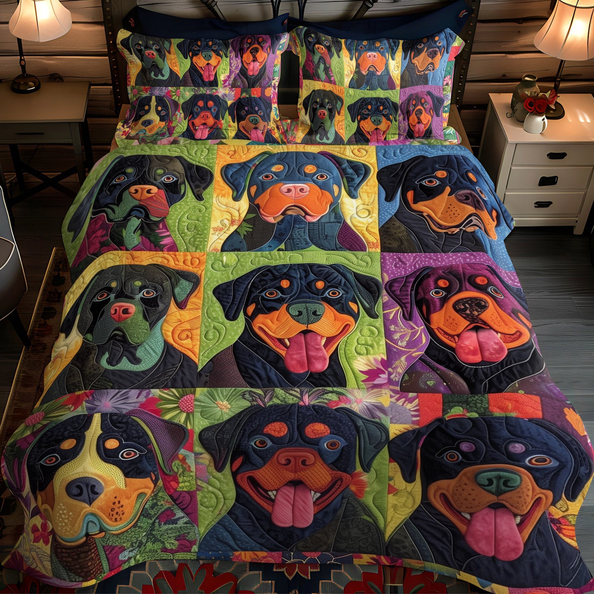 Rottweiler Blossom 3-Piece Quilted Bedding Set NCU0PT563