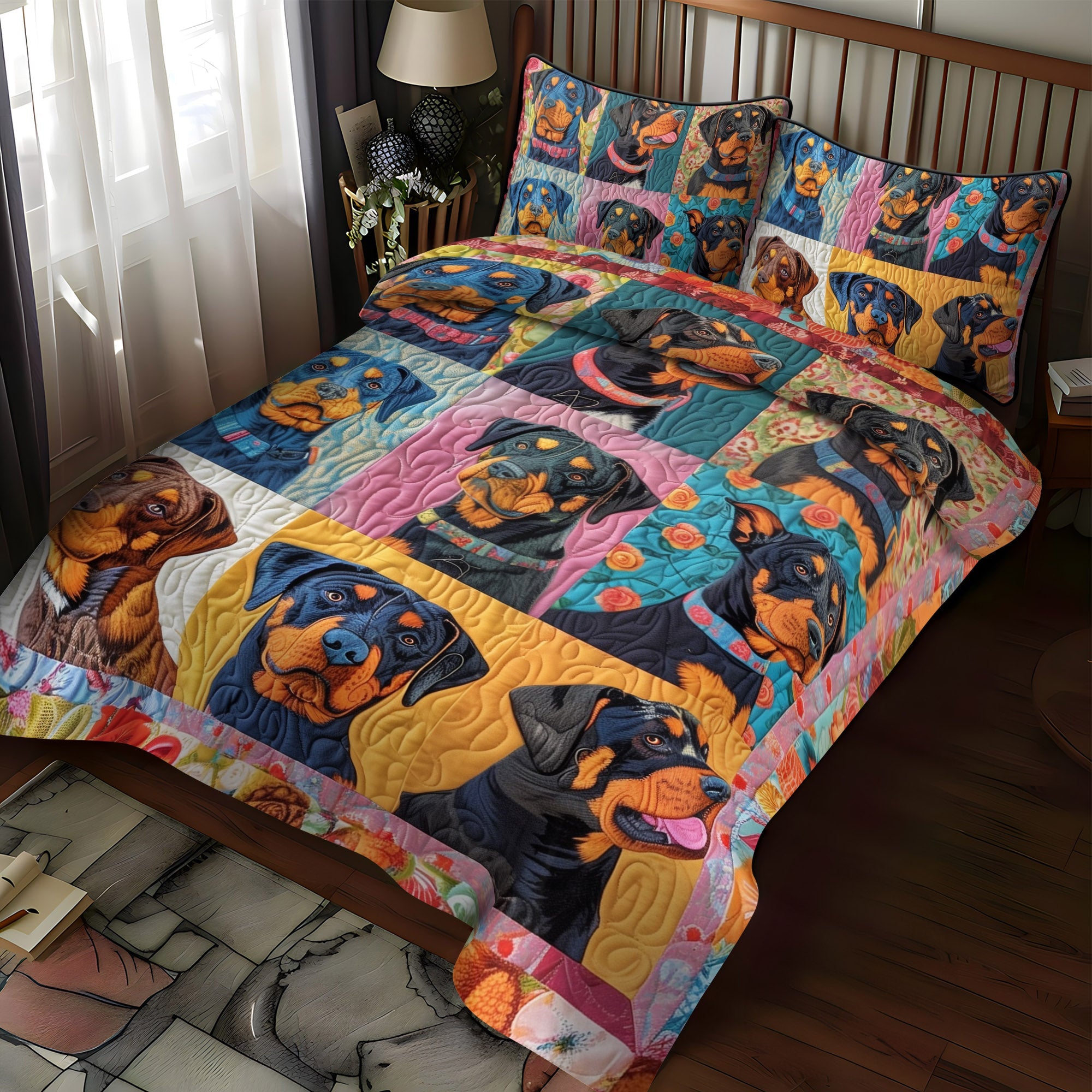 Rottweiler Floral Dream 3-Piece Quilted Bedding Set NCU0PT566