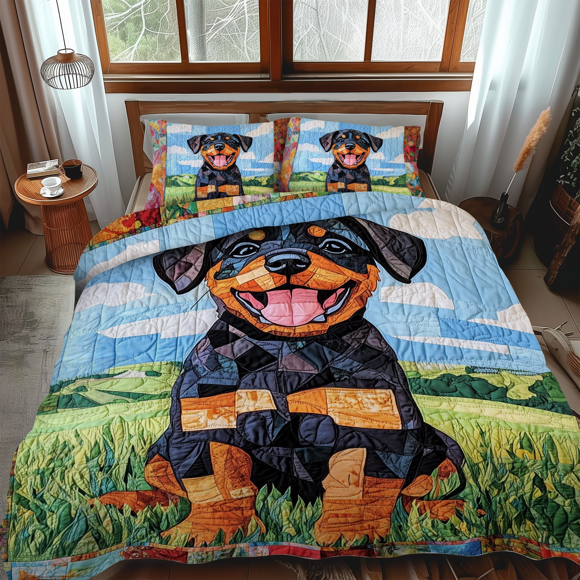 Rottweiler in the Garden 3-Piece Quilted Bedding Set NCU0PT564