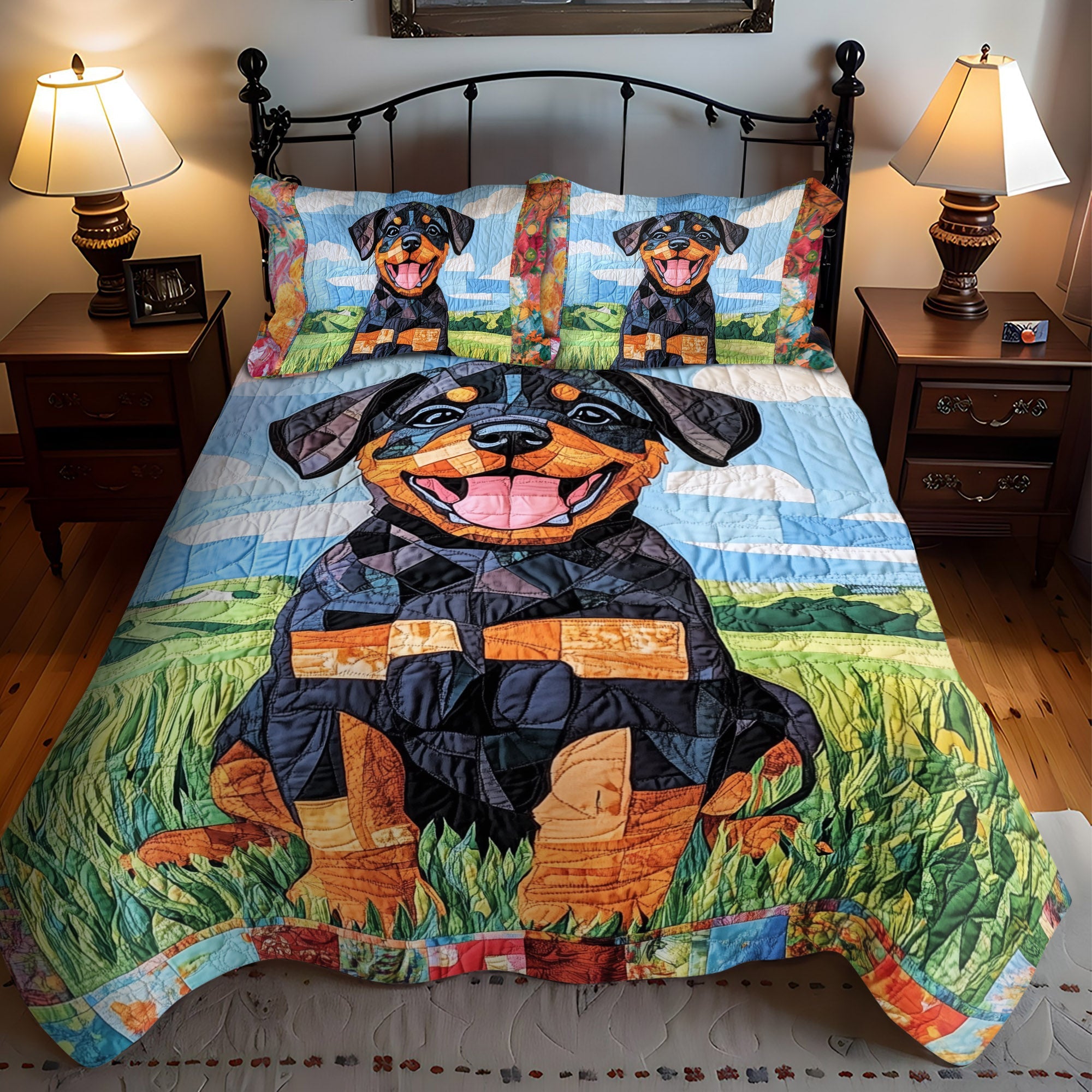 Rottweiler in the Garden 3-Piece Quilted Bedding Set NCU0PT564