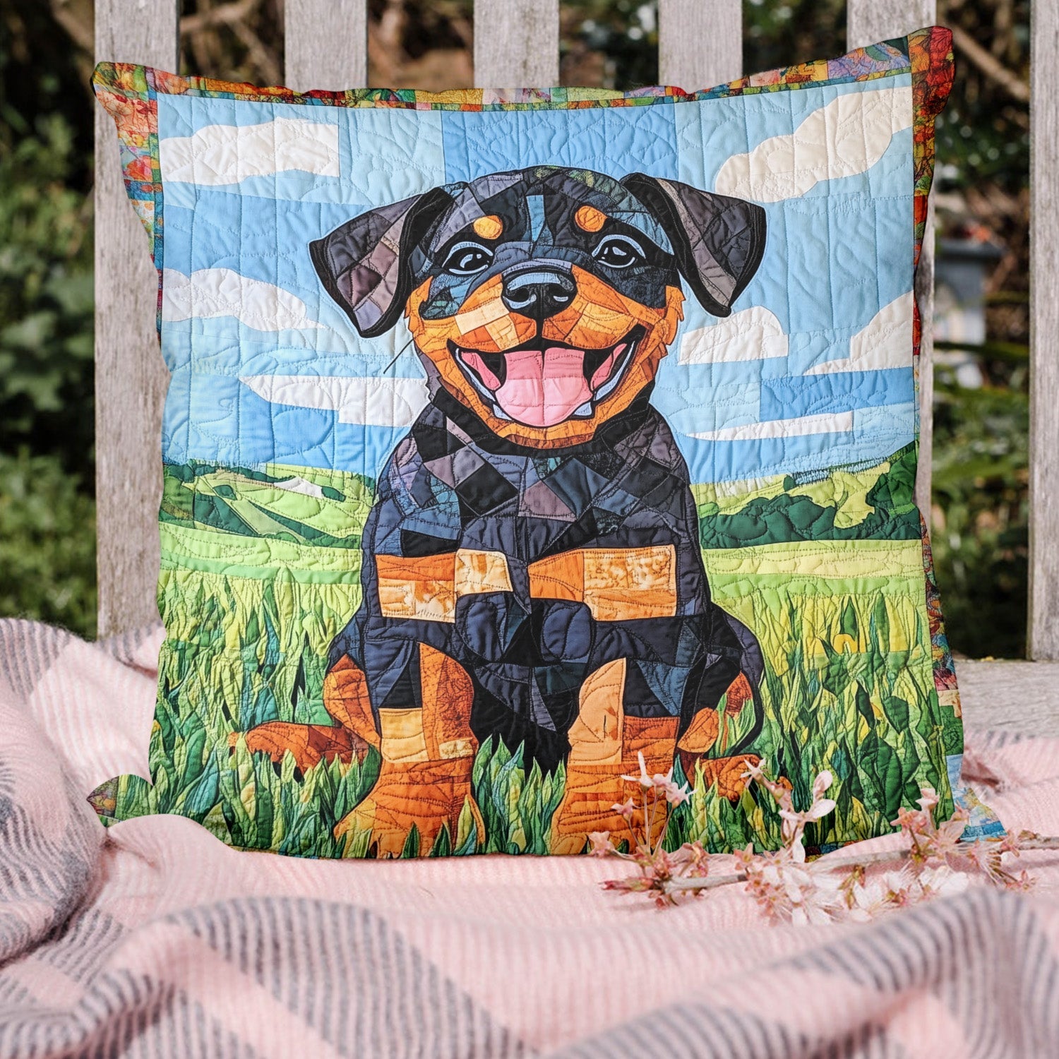 Rottweiler in the Garden Quilted Pillow Case NCU0PT420