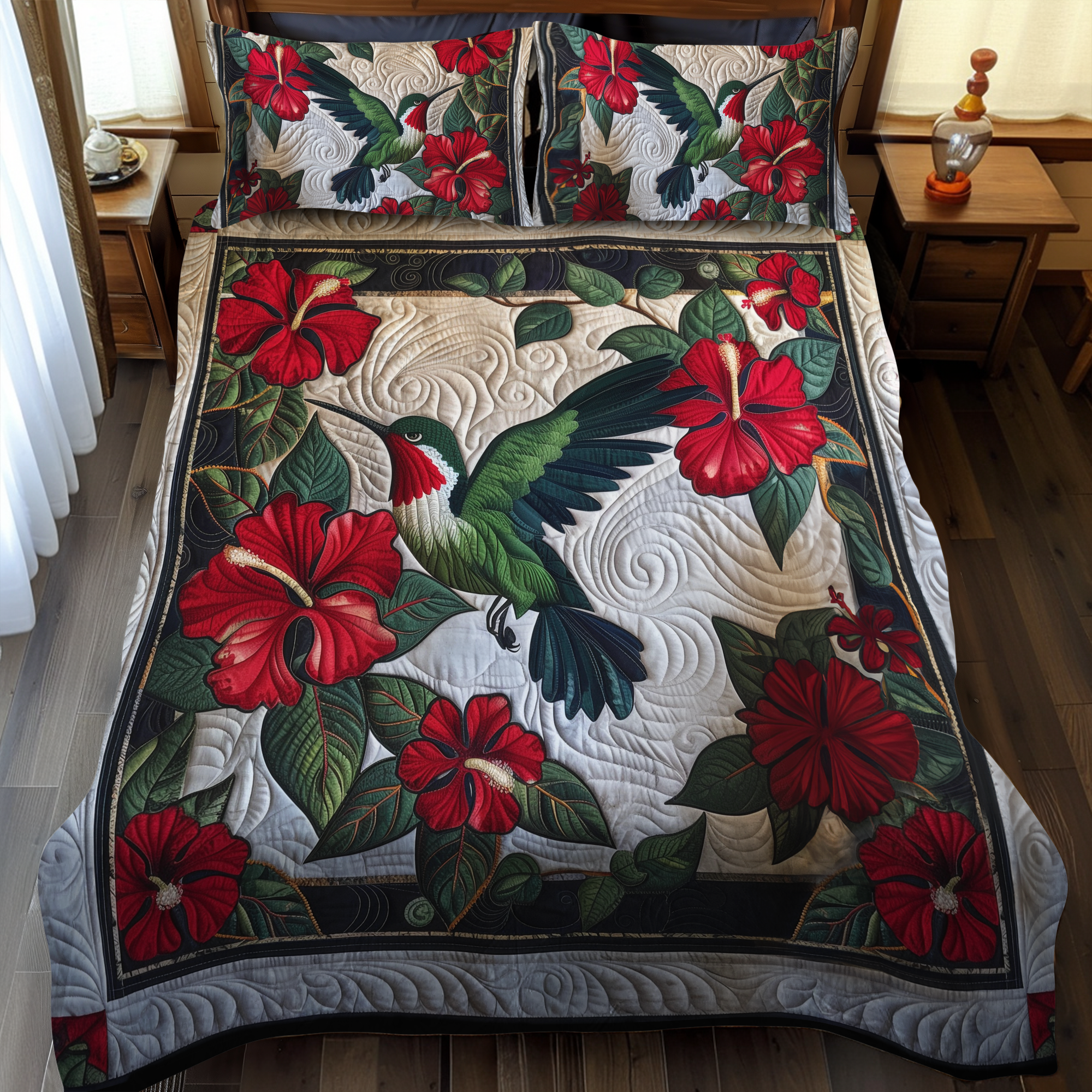 Ruby Hummingbird 3-Piece Quilted Bedding Set NCU0PT026