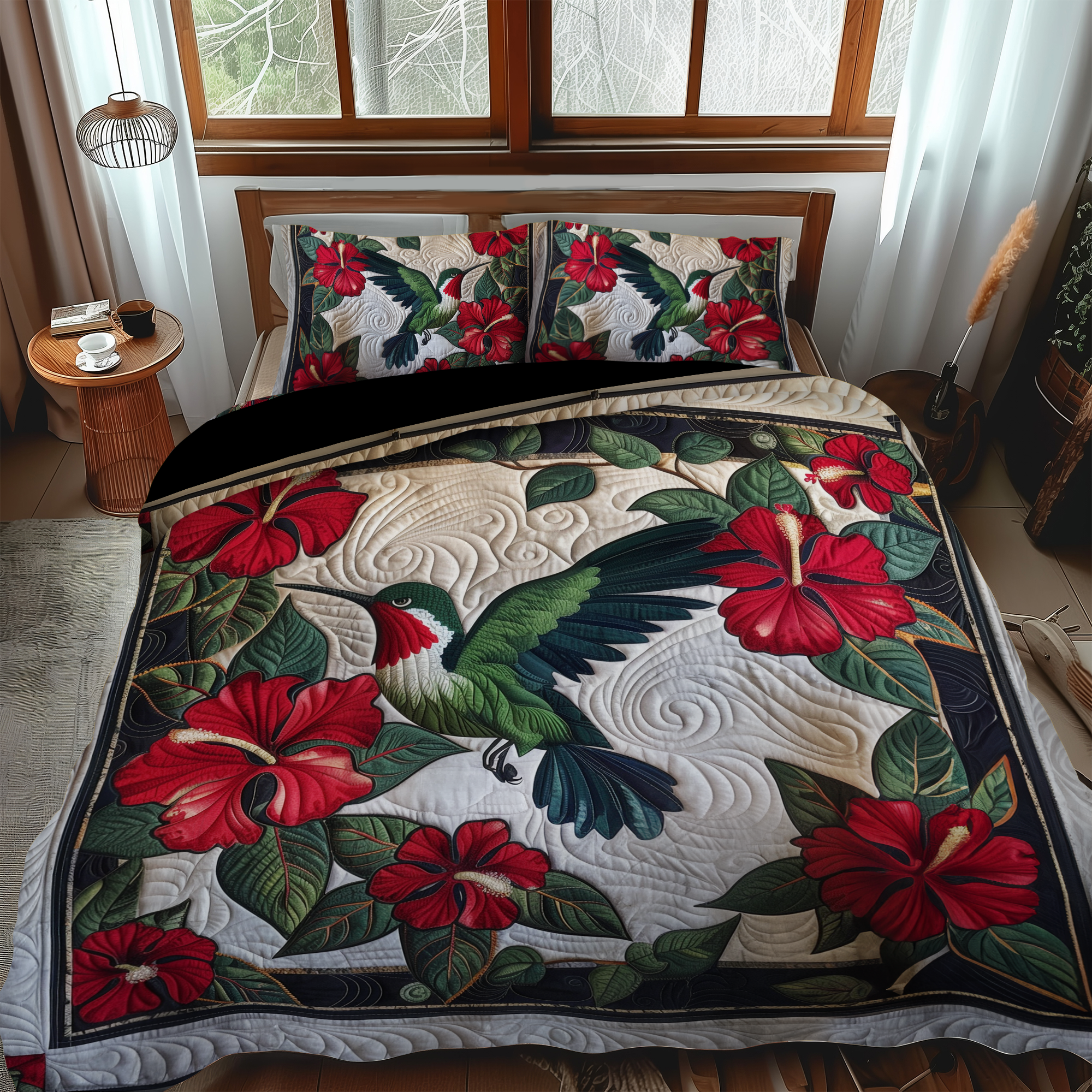 Ruby Hummingbird 3-Piece Quilted Bedding Set NCU0PT026