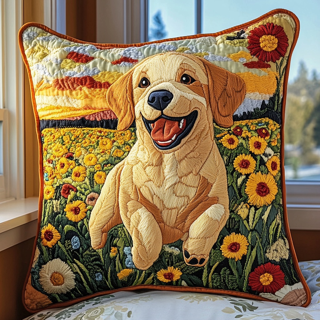 Running Labrador Sunflower Quilted Pillow Case NCU0PD726