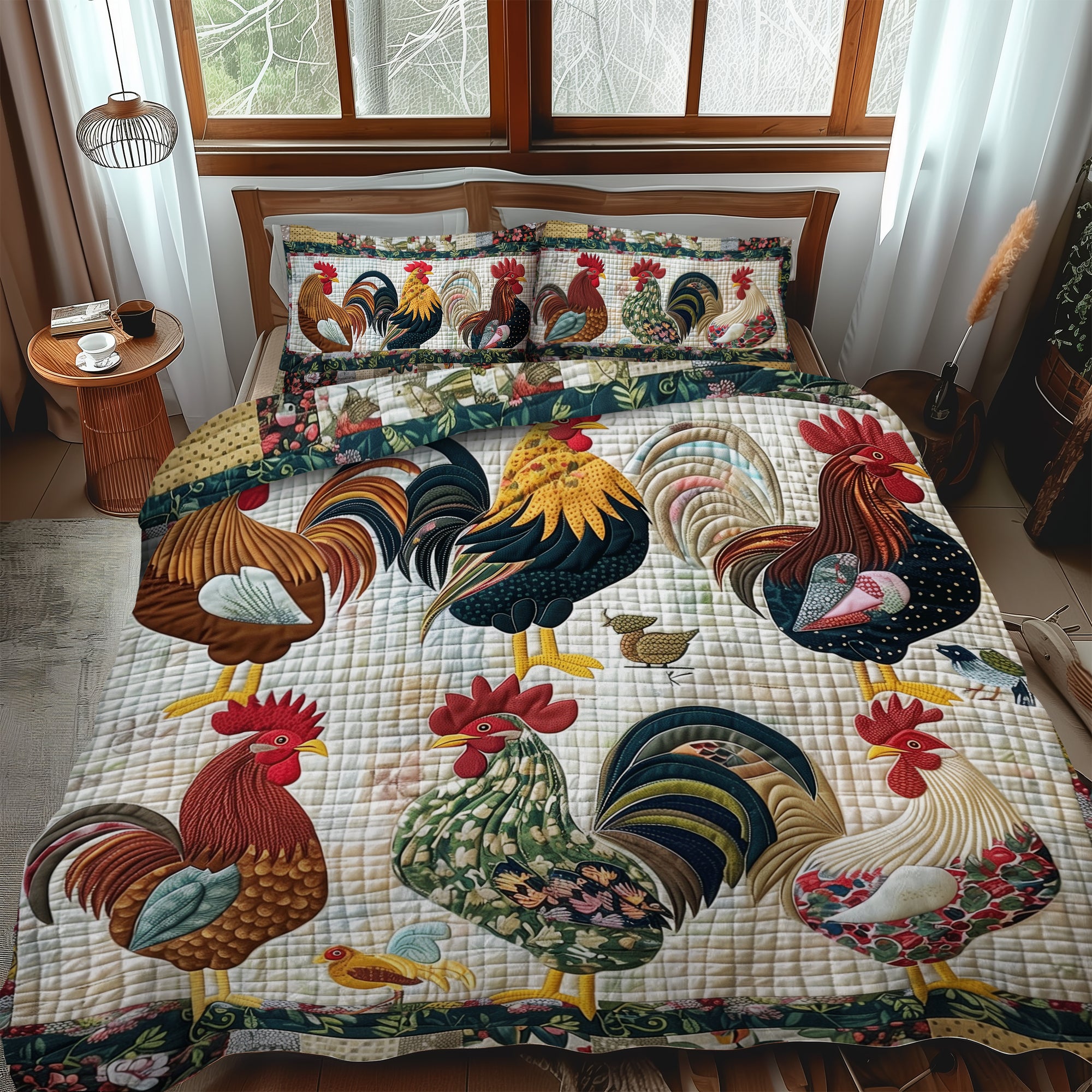 Rural Rooster 3-Piece Quilted Bedding Set NCU0TH891