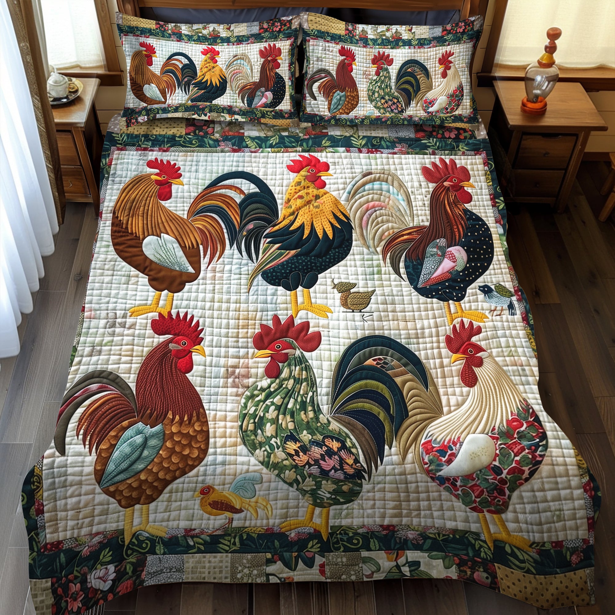 Rural Rooster 3-Piece Quilted Bedding Set NCU0TH891