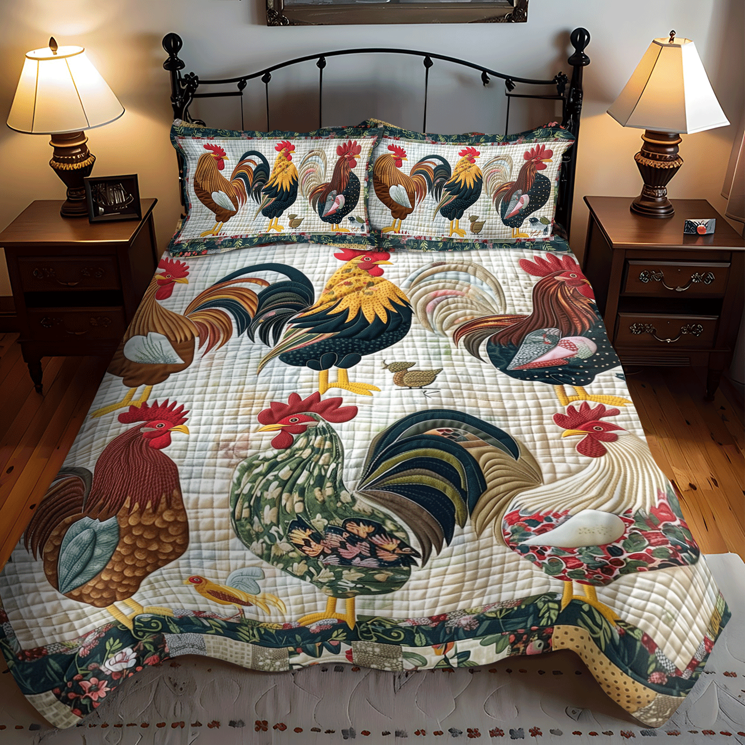 Rural Rooster 3 Piece Quilted Bedding Set NCU0TH891