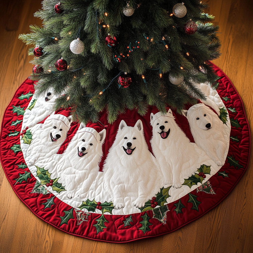 Samoyed Holiday Joy Christmas Quilted Tree Skirt NCU0DK1792