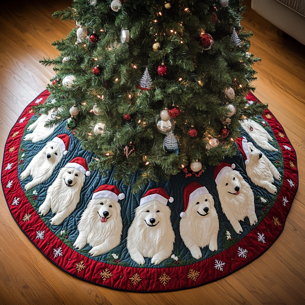 Samoyed Xmas Joy Christmas Quilted Tree Skirt NCU0DK1796