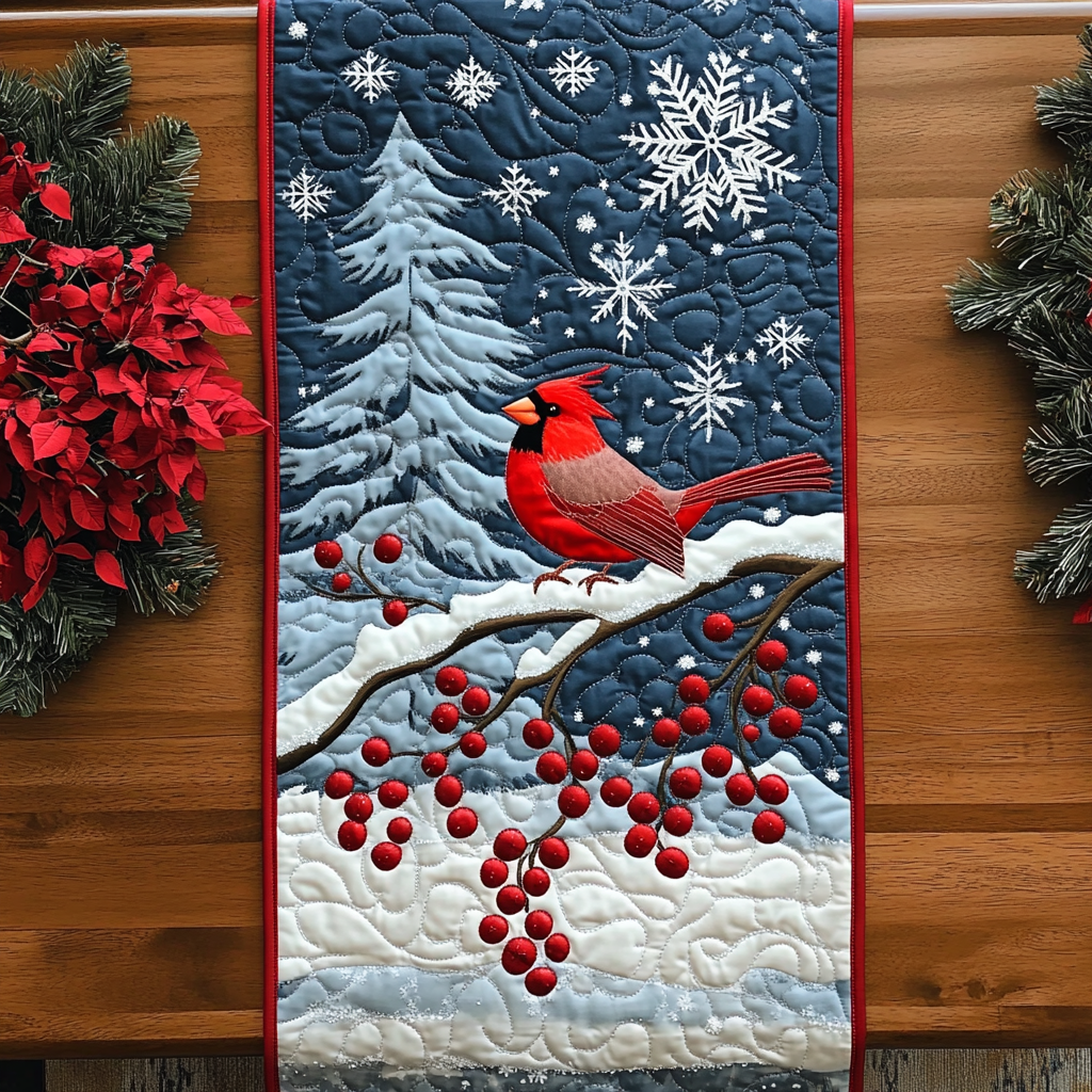 Scarlet Song in the Snow Quilted Table Runner NCU0DK1596