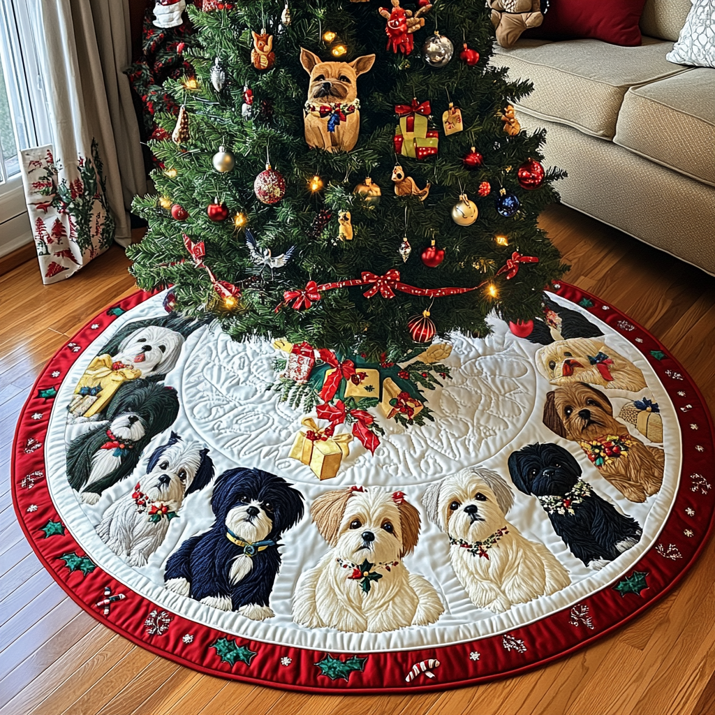 Shih Tzu Holiday Spirit Christmas Quilted Tree Skirt NCU0DV1583