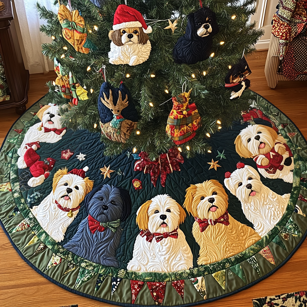 Shih Tzu Sleigh Bells Christmas Quilted Tree Skirt NCU0DV1588