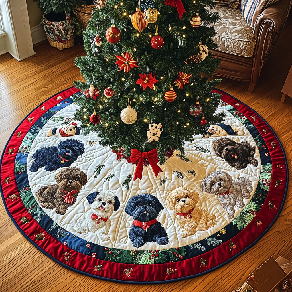 Shih Tzu Sleigh Ride Christmas Quilted Tree Skirt NCU0DV1579