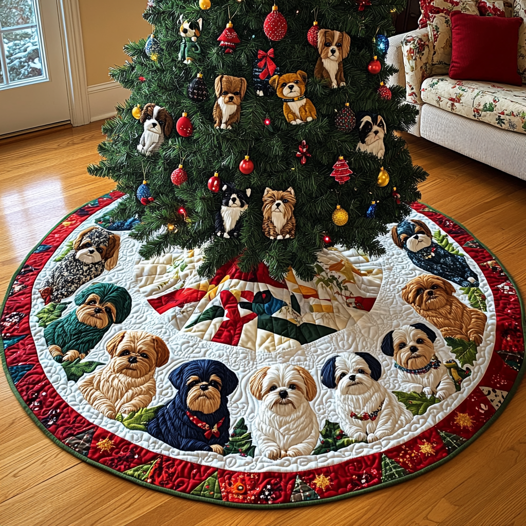 Shih Tzu Under the Tree Christmas Quilted Tree Skirt NCU0DV1582