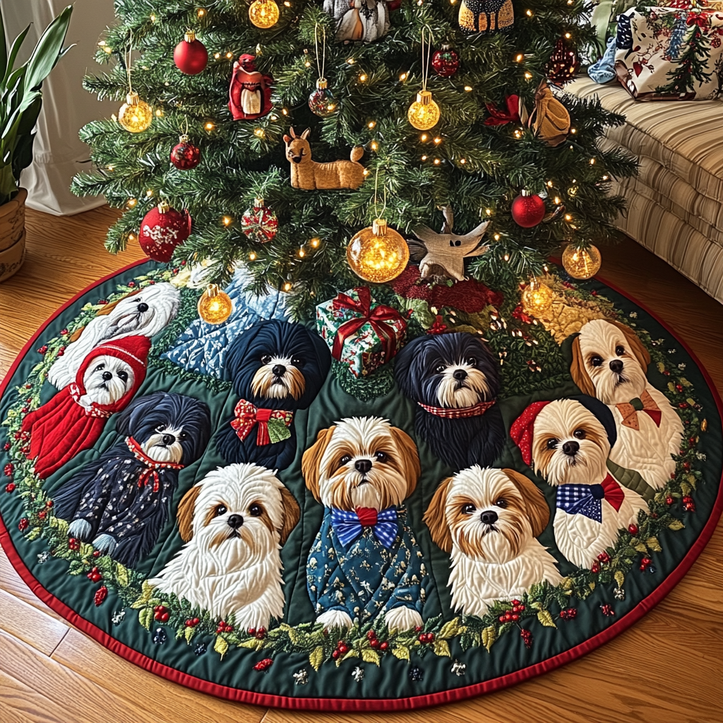 Shih Tzu and Santa Paws Christmas Quilted Tree Skirt NCU0DV1586