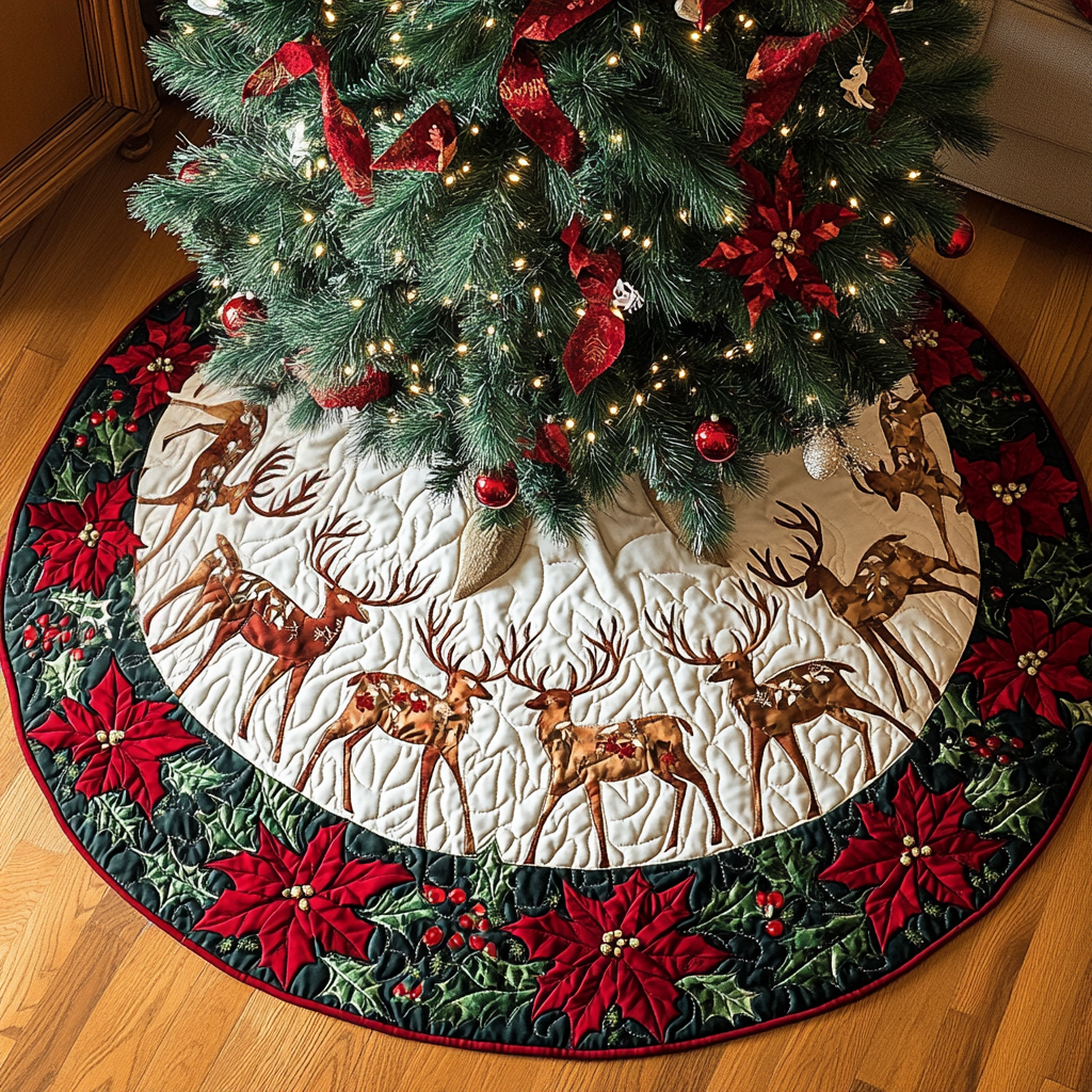 Silent Night Reindeer Christmas Quilted Tree Skirt NCU0DK1481