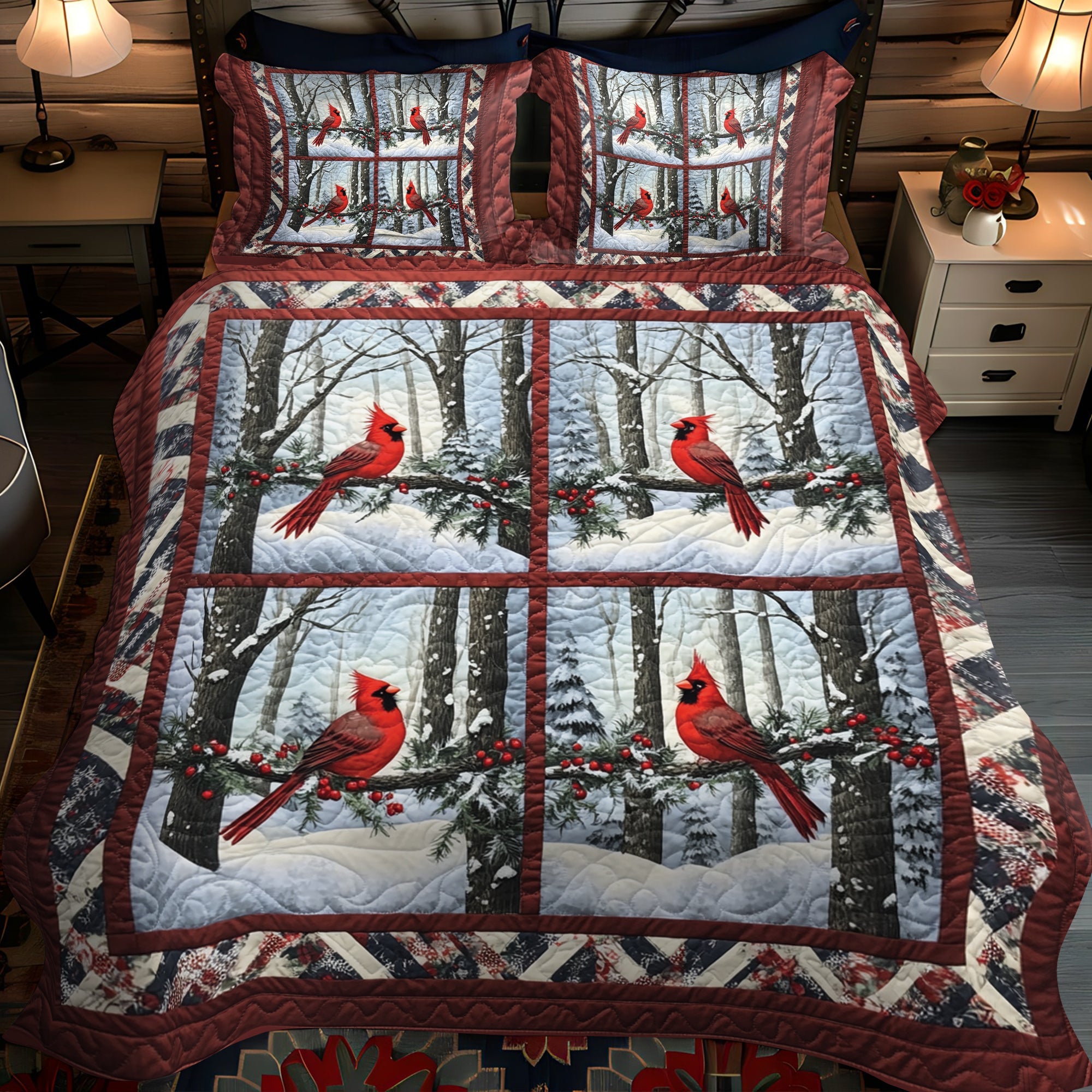 Snowy Cardinal Dreams Quilted Bedding Set NCU0VH030