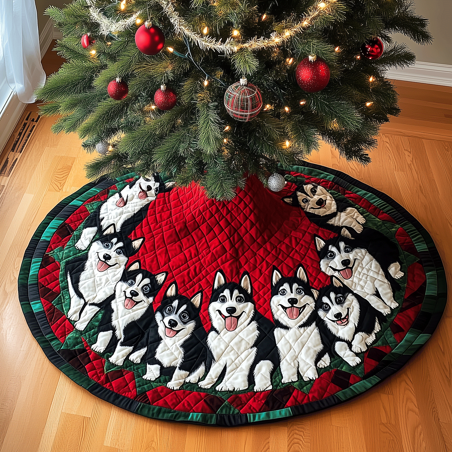 Snowy Husky Christmas Quilted Christmas Tree Skirt NCU0TH2033