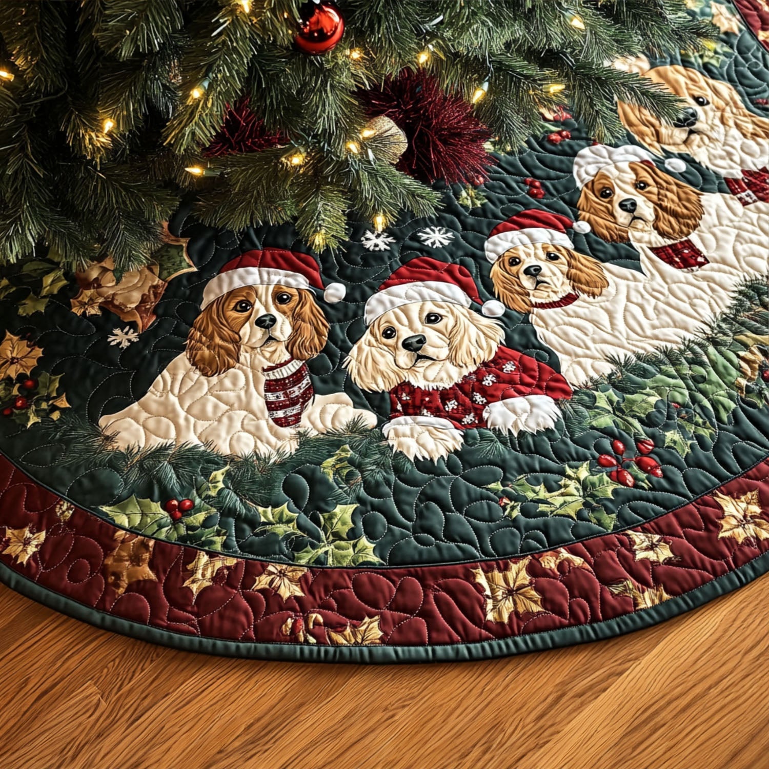 Spaniel Playtime Quilted Christmas Tree Skirt NCU0PT1706