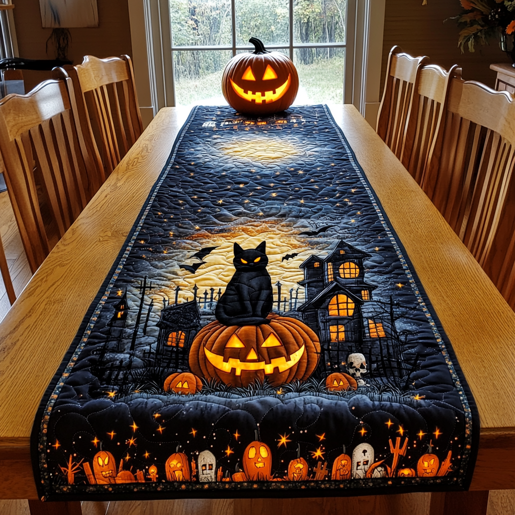 Spook-tacular Black Cat Quilted Table Runner NCU0PD441