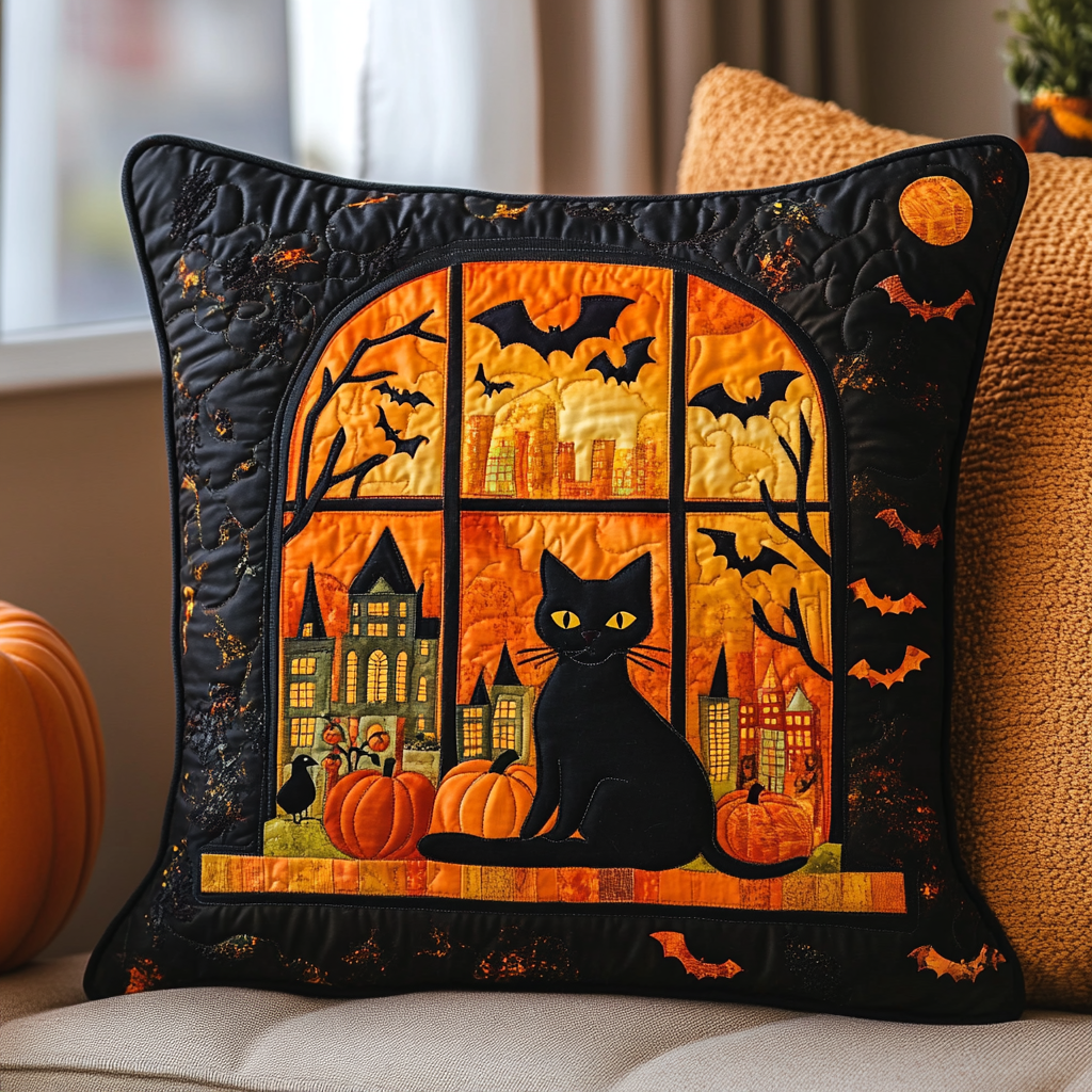 Spooky Black Cat Quilted Pillow Case NCU0PD669