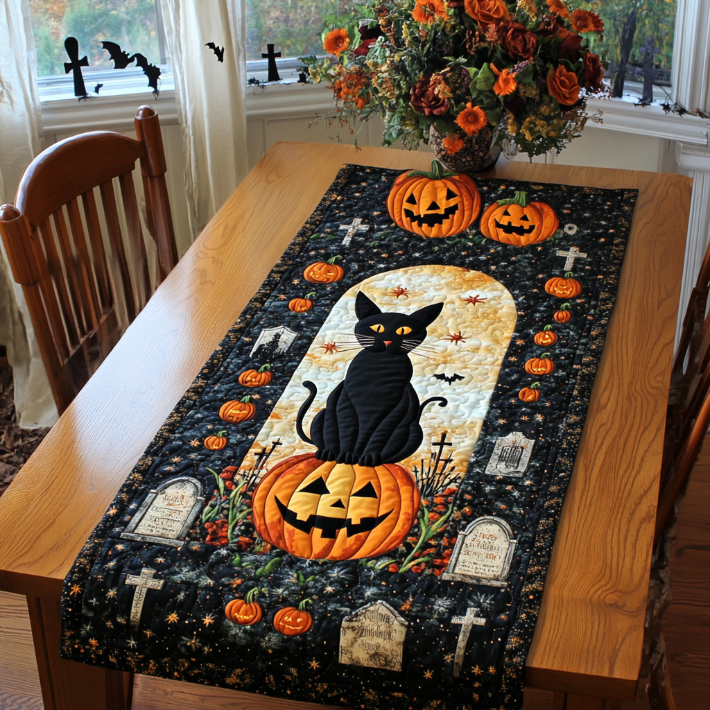 Spooky Cat Halloween Quilted Table Runner NCU0PD440