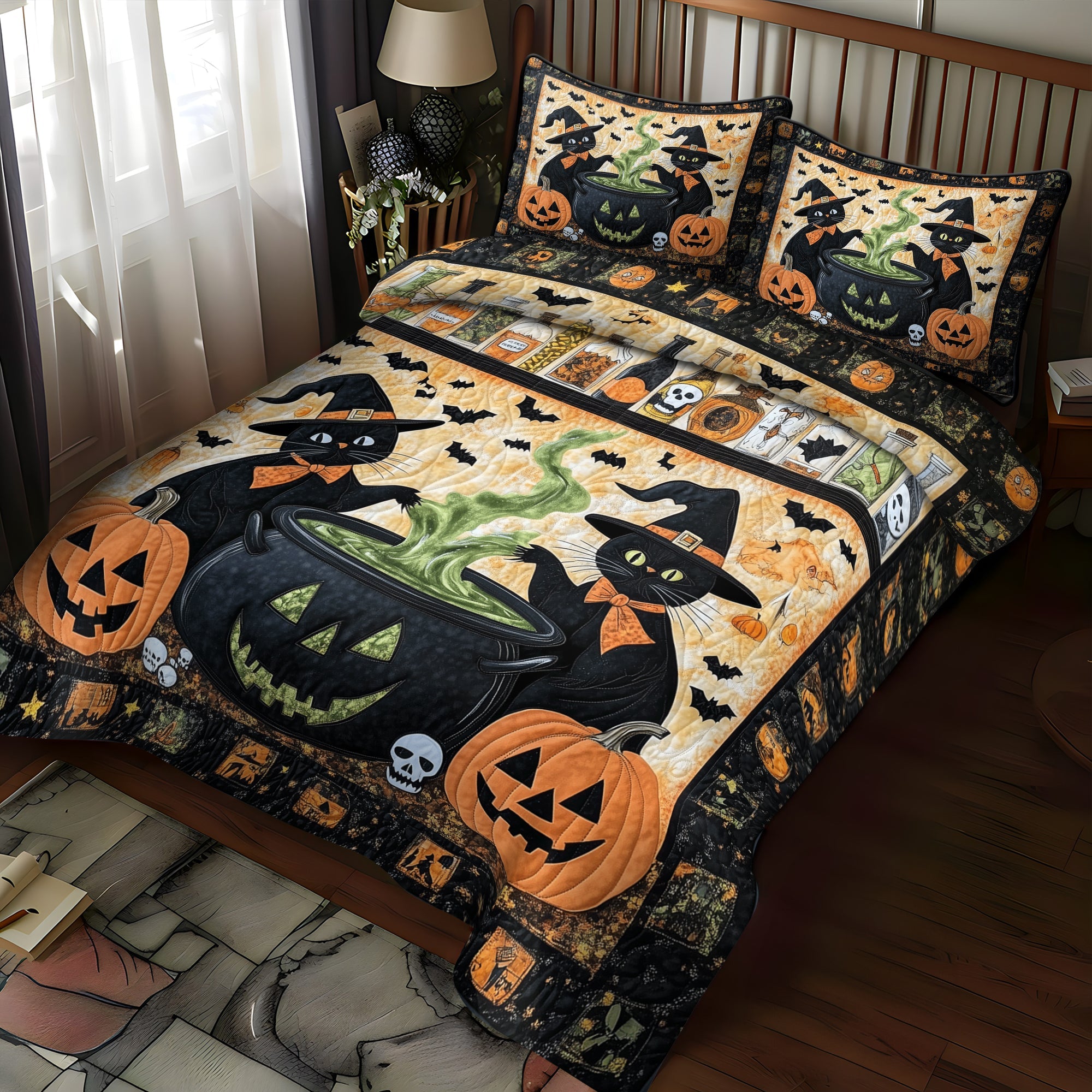 Spooky Cauldron Cats 3-Piece Quilted Bedding Set NCU0TH1666