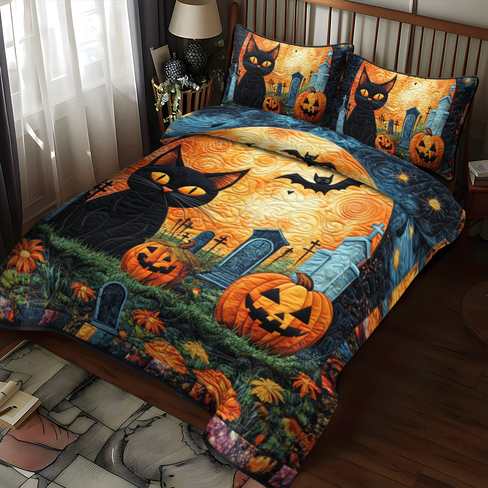 Spooky Halloween Cat 3-Piece Quilted Bedding Set NCU0PD632