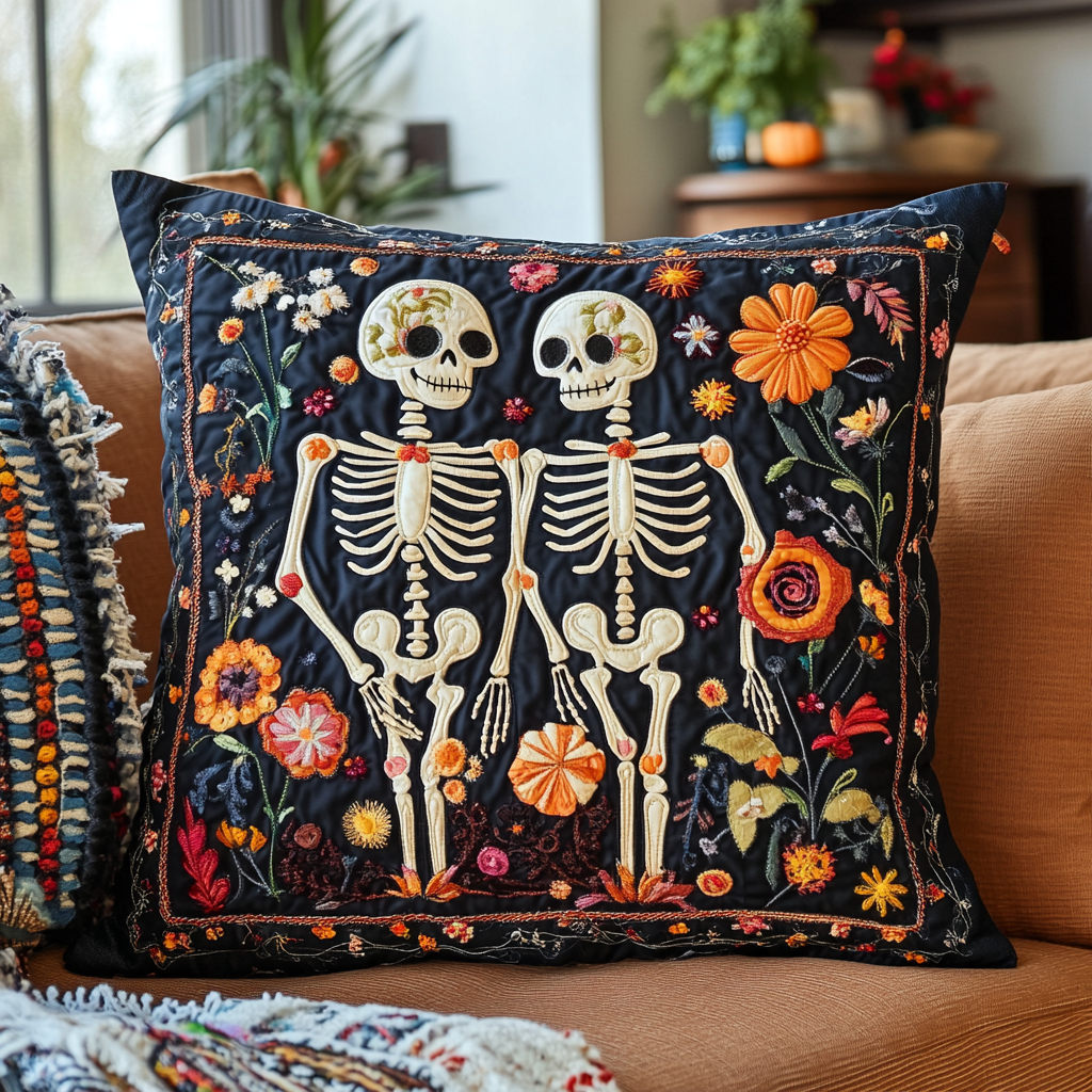 Spooky Skeleton Halloween Quilted Pillow Case NCU0PD680