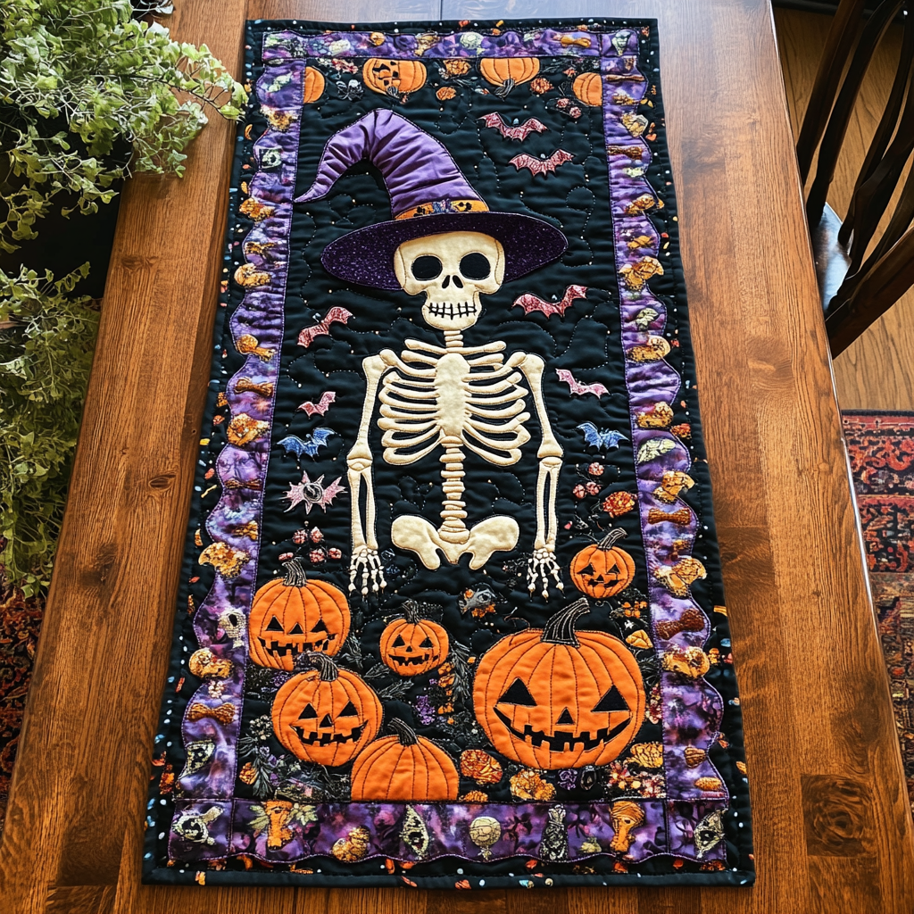 Spooky Skeleton Halloween Quilted Table Runner NCU0PD693