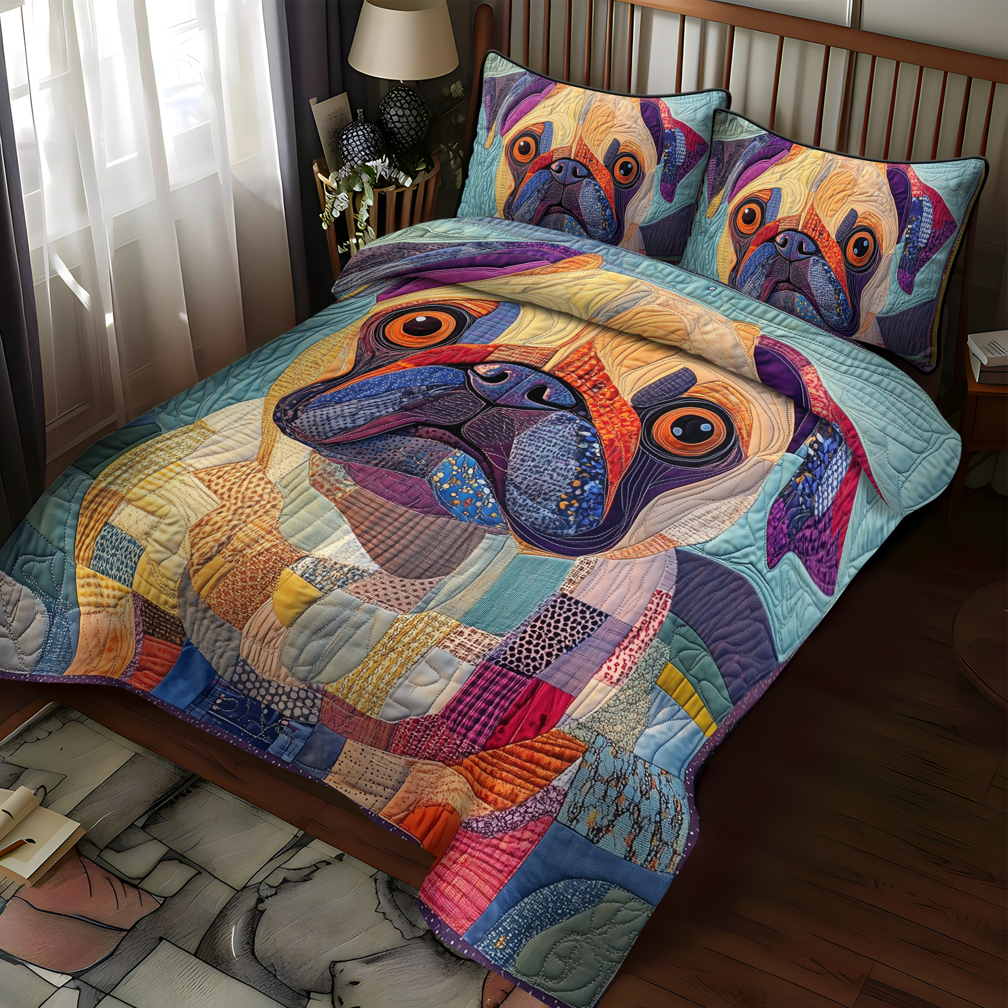 Squishy Pug Love 3-Piece Quilted Bedding Set NCU0DK1554