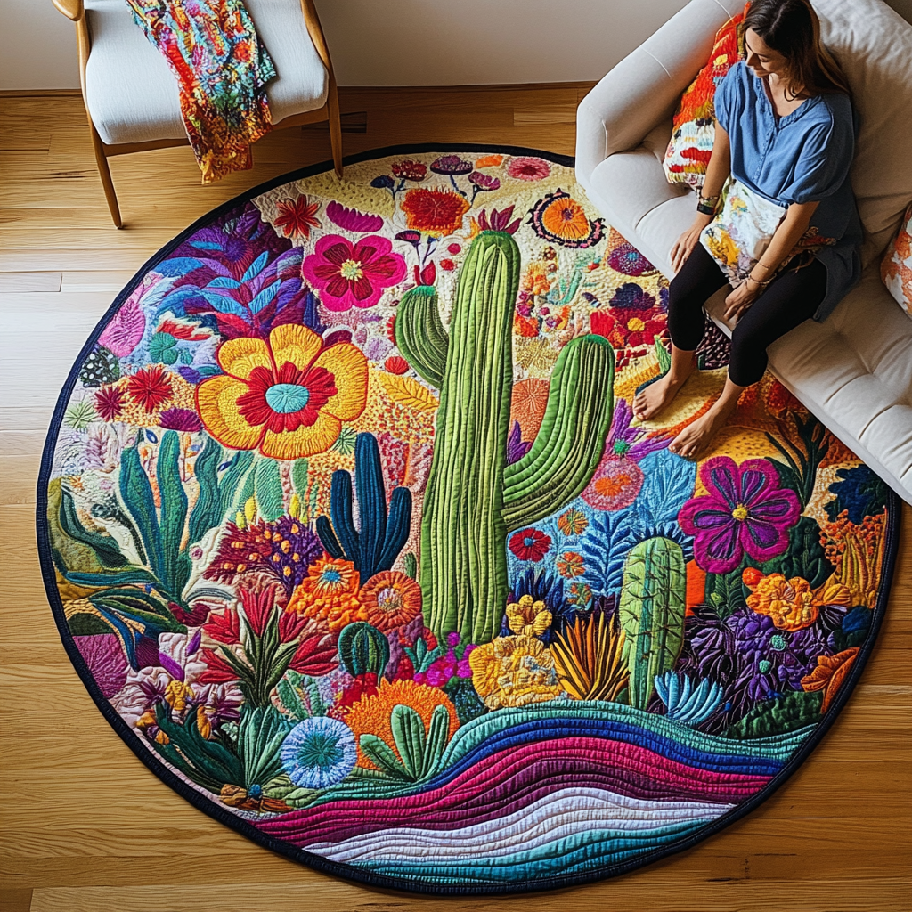 Succulent Nature Escape Quilted Round Mat NCU0PD893