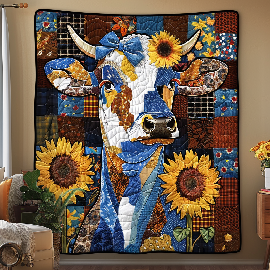 Sunflower Cow Patchwork Quilted Blanket NCU0TH813