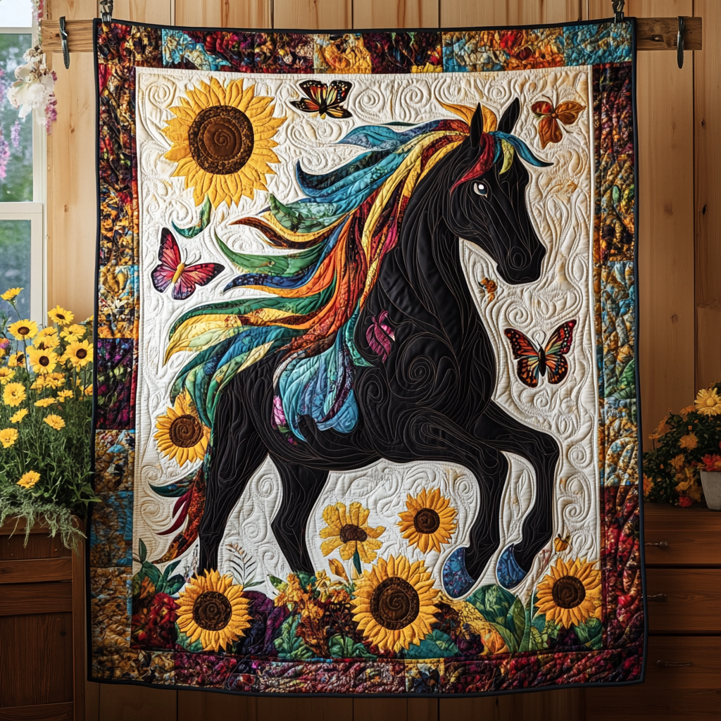 Sunflower Black Horse Quilted Blanket NCU0PD535