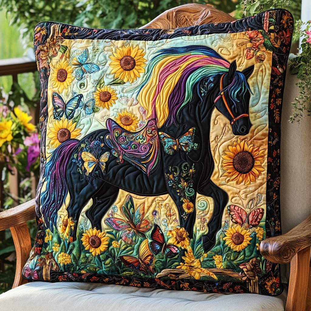 Sunflower Black Horse Quilted Pillow Case NCU0PD417