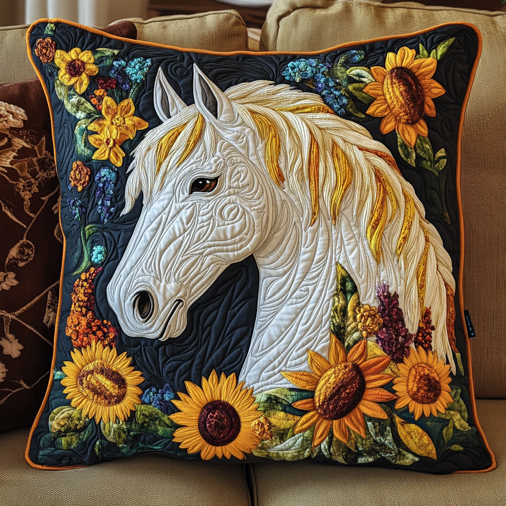 Sunflower White Horse Quilted Pillow Case NCU0PD413