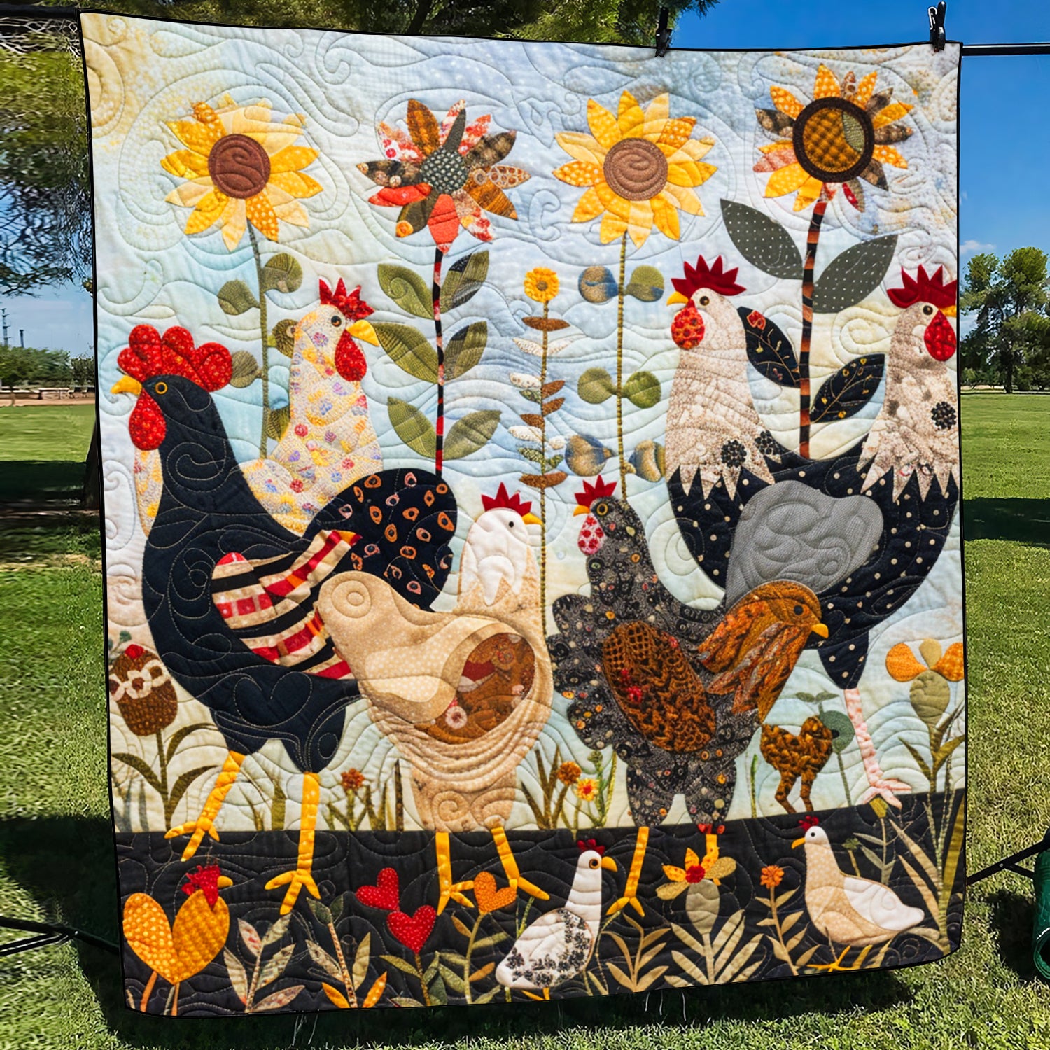 Sunny Chickens Quilted Blanket NCU0TH871