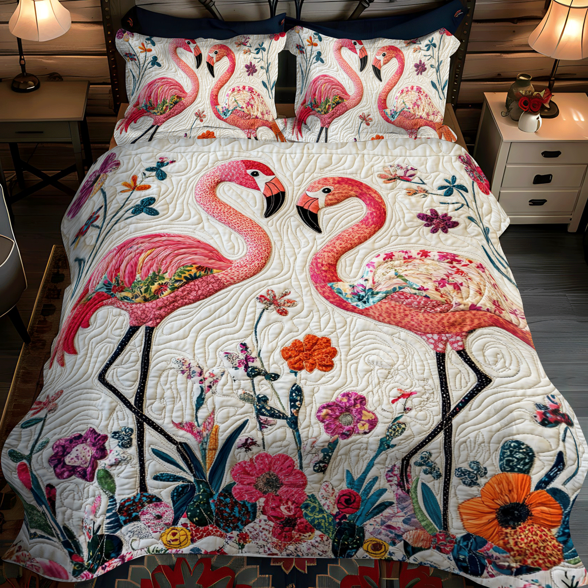 Tropical Escape Flamingo 3-Piece Quilted Bedding Set NCU0PD506