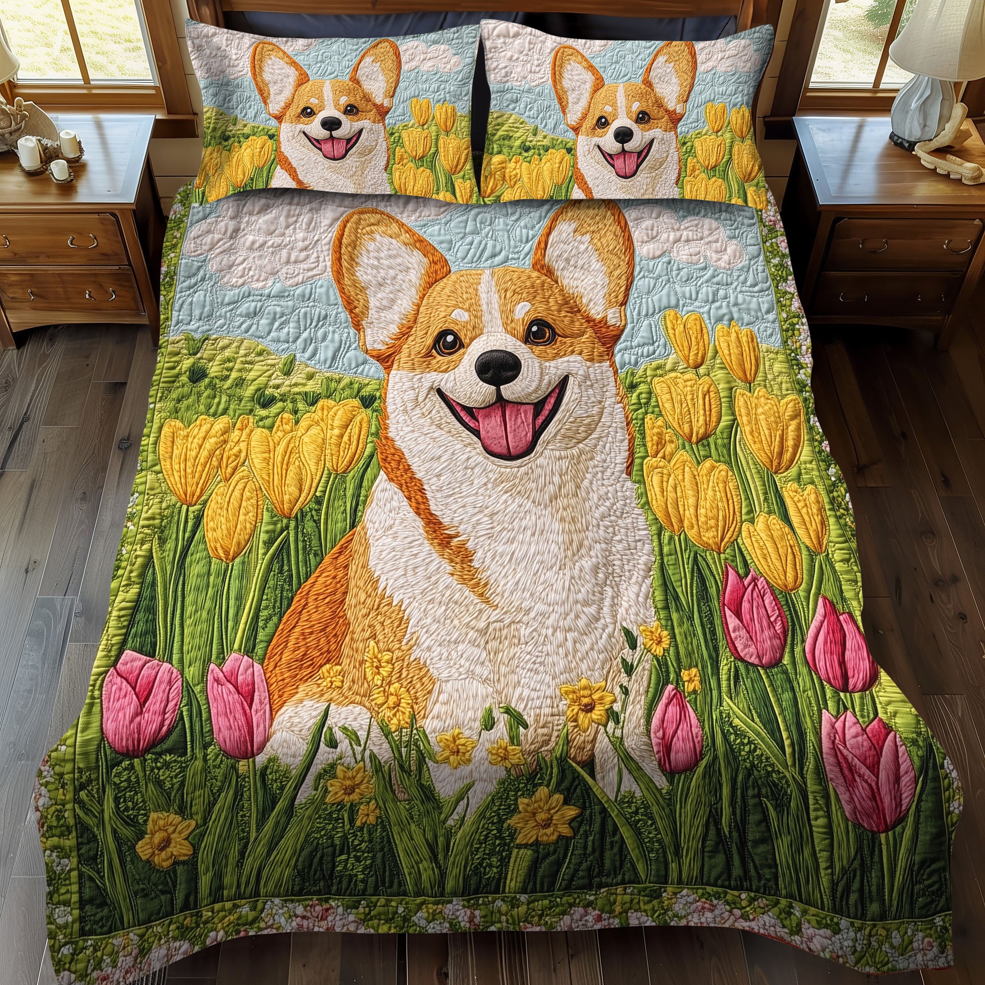 Tulip Bliss with Corgi 3-Piece Quilted Bedding Set NCU0DK1605